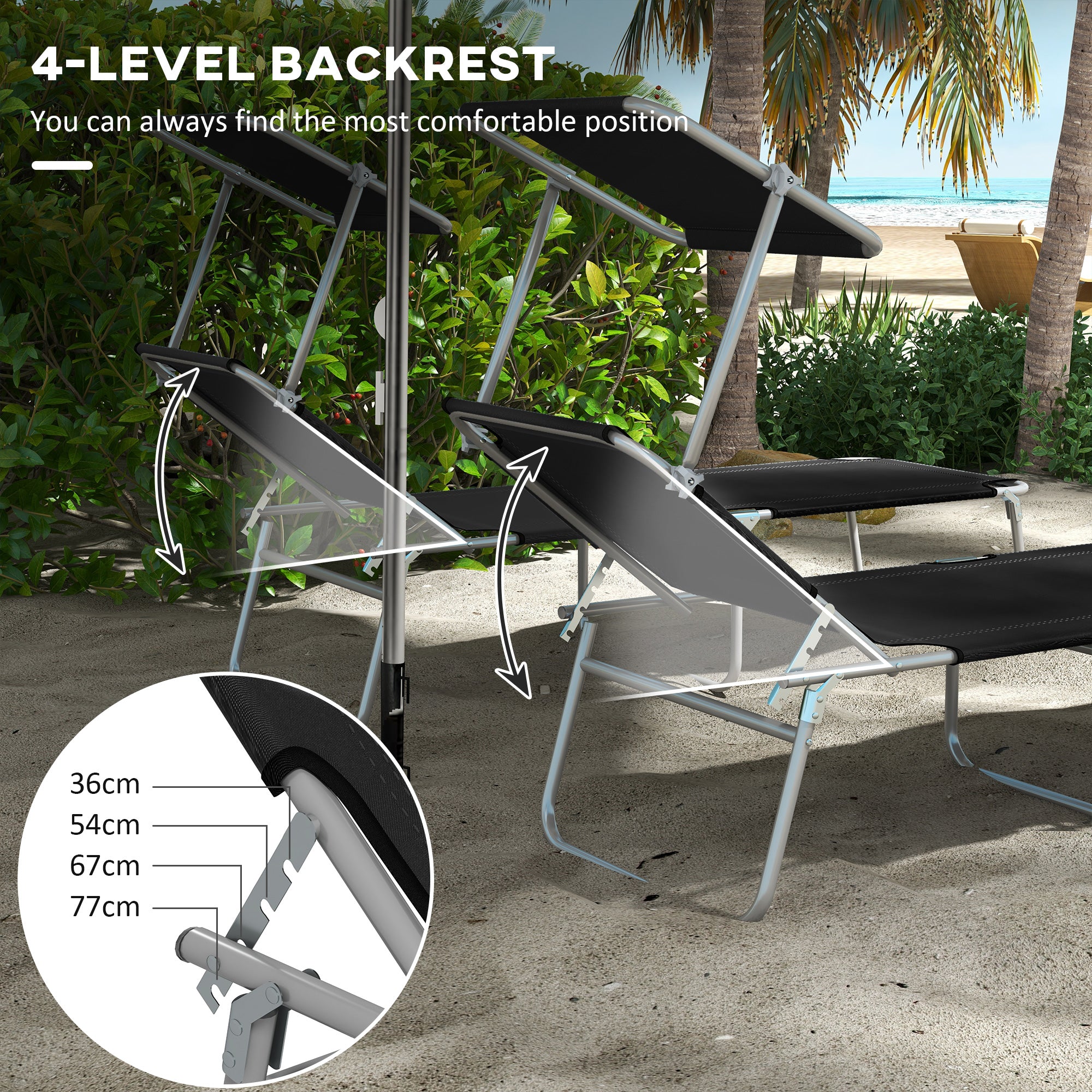 Foldable Sun Lounger Set of 2 with Sun Shade & Adjustable Backrest - Black