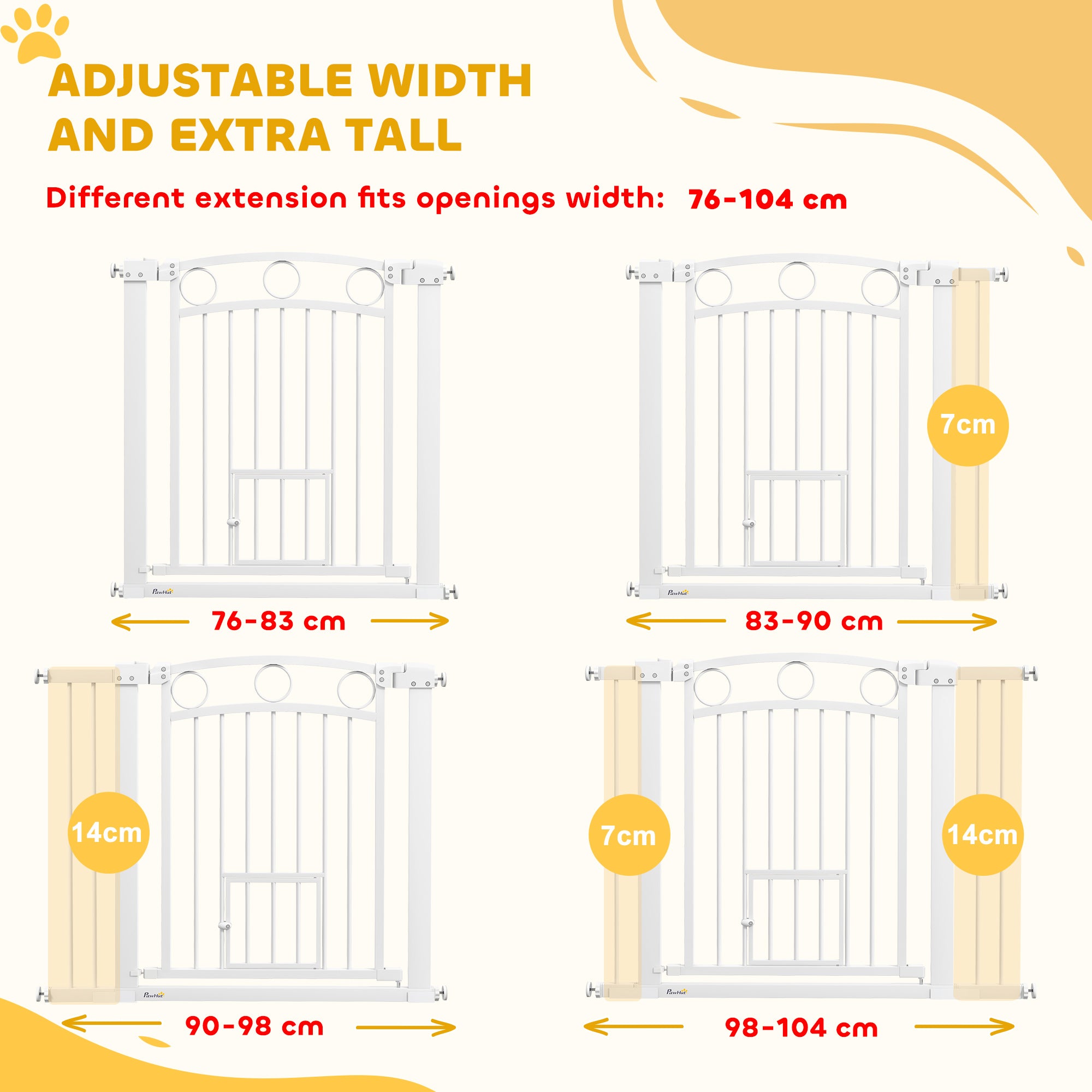 77cm Tall Dog Gate with Cat Door, 7cm and 14cm Extensions, for Stairs & Doorways, 76-104cm Width