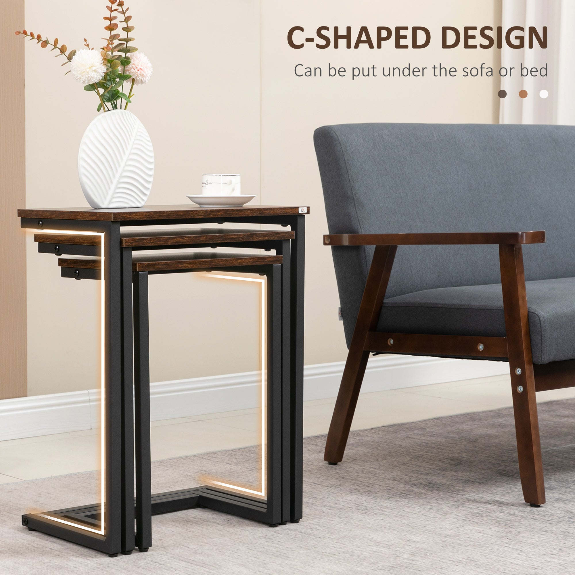 Nesting Side Tables Set of 3, C-Shaped Snack Side Tables with Steel Frame for Sofa Couch and Bed, Rustic Brown