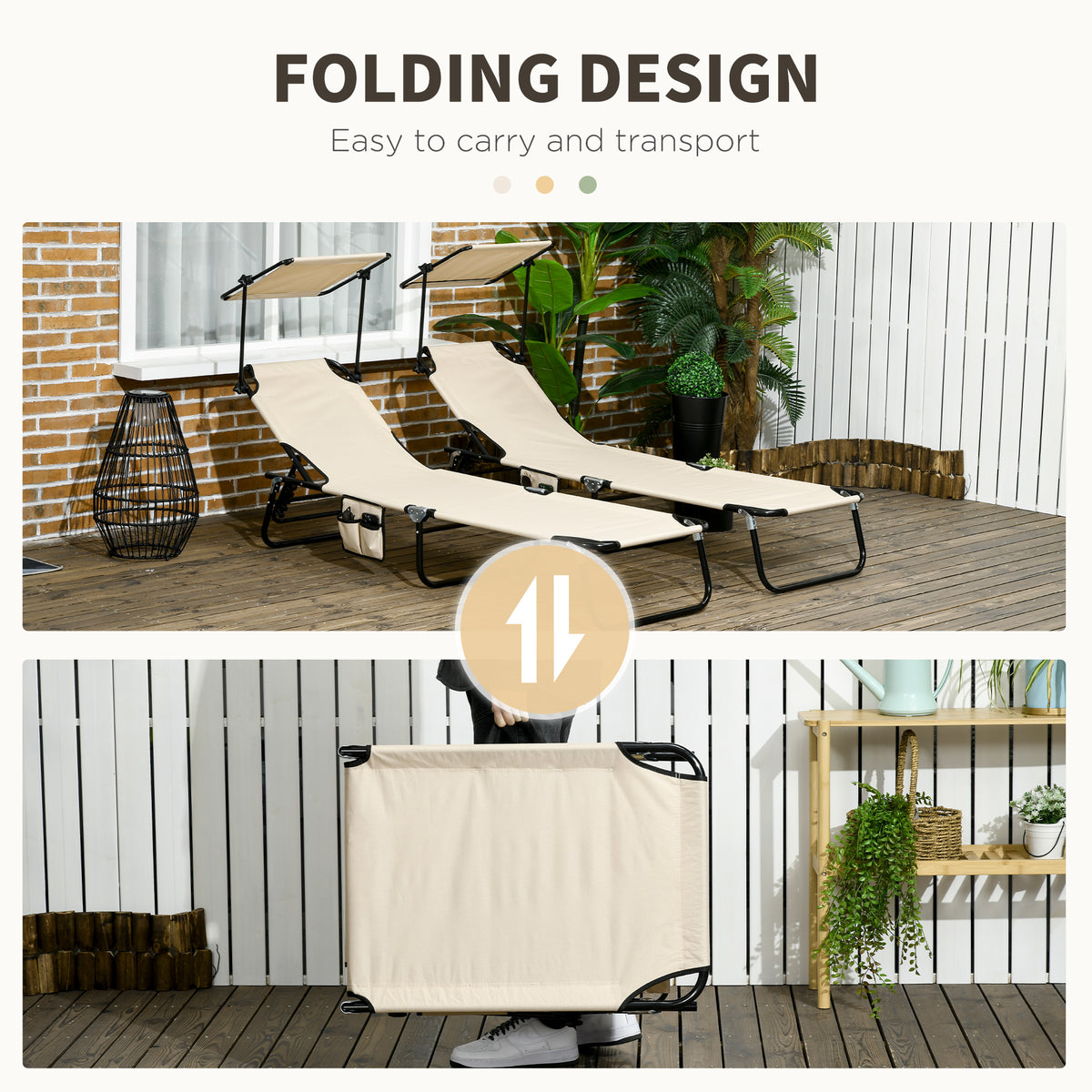 2 Piece Folding Adjustable Sun Loungers with Canopy and Side Pocket - Tan Brown