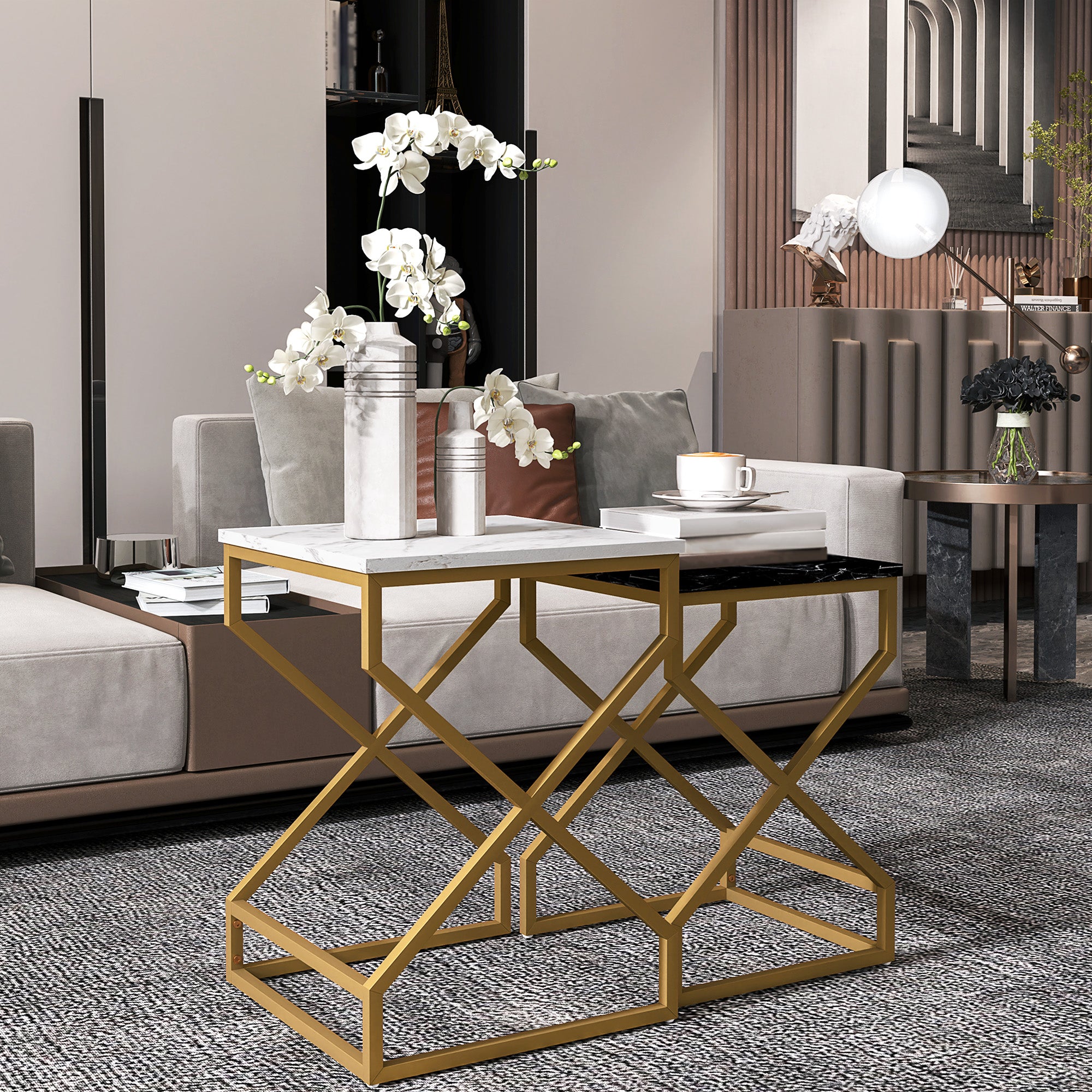 Set of Two Marble-Effect Nesting Tables with Gold Tone Legs - Black, White