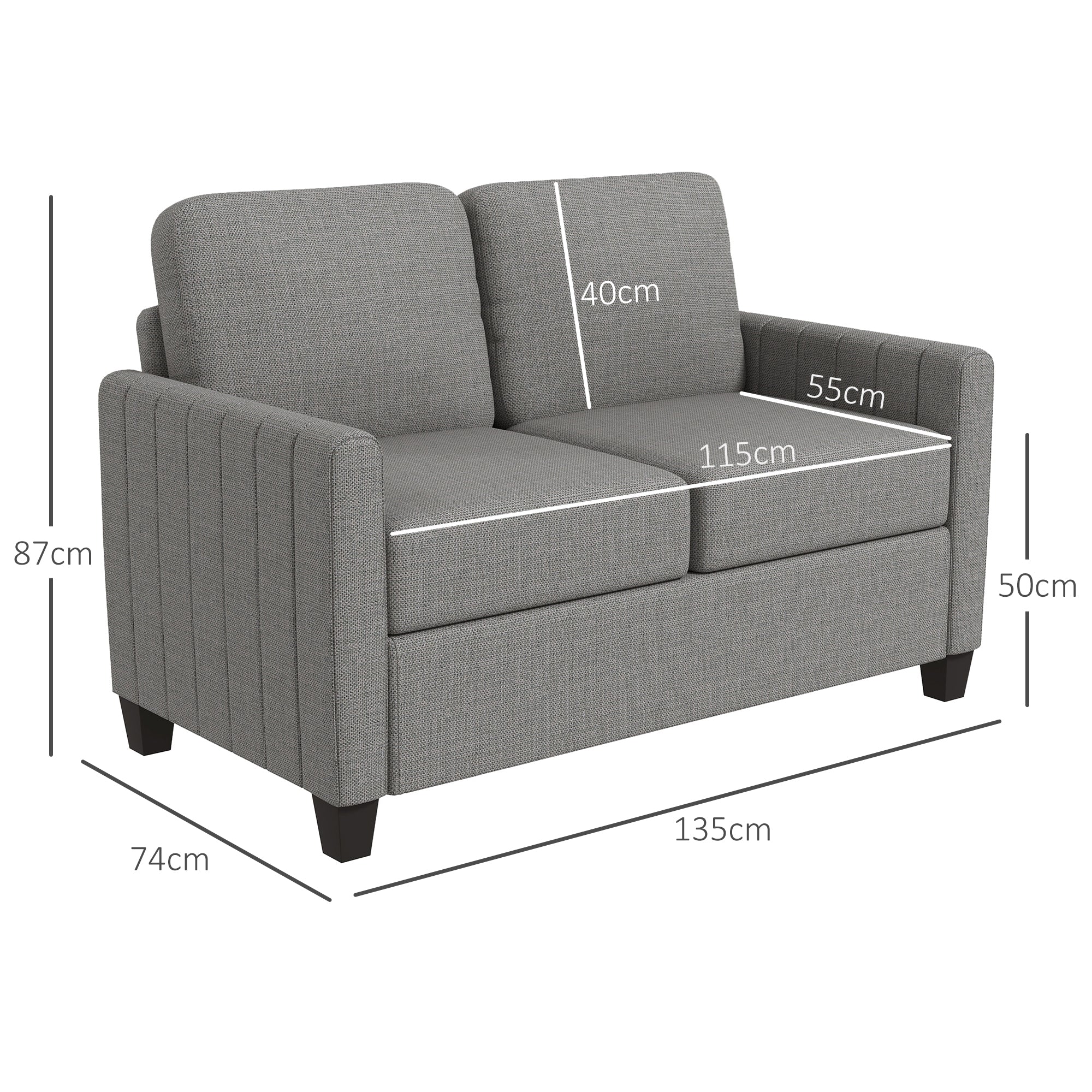 2 Seater Sofa, Channel Tufted Modern Fabric Couch, Comfy Upholstered Loveseat with Spring Cushion, Back Pillow, for Living Room, Bedroom, Office, Light Grey