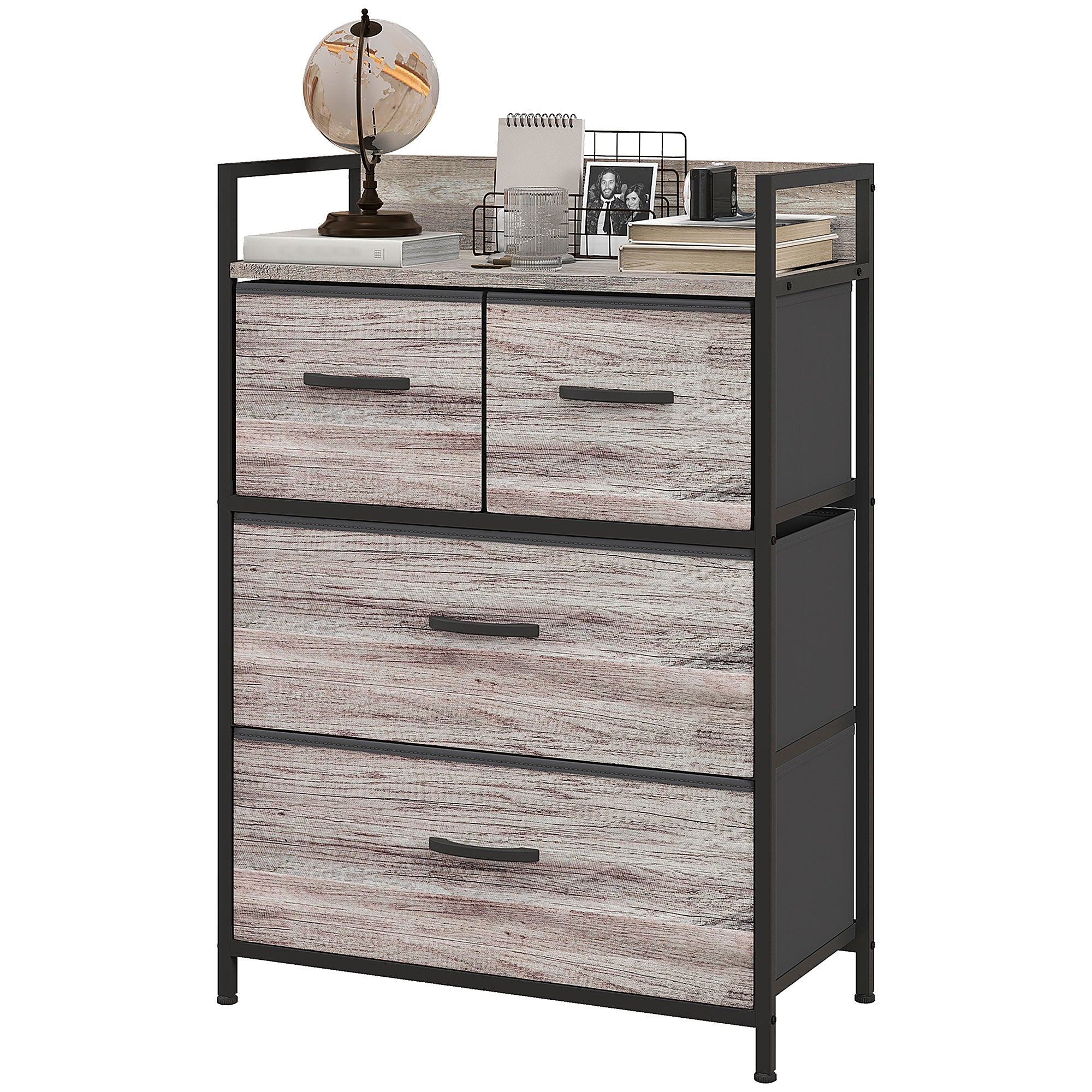 Rustic Chest of Four Fabric Drawers - Grey Wood Effect