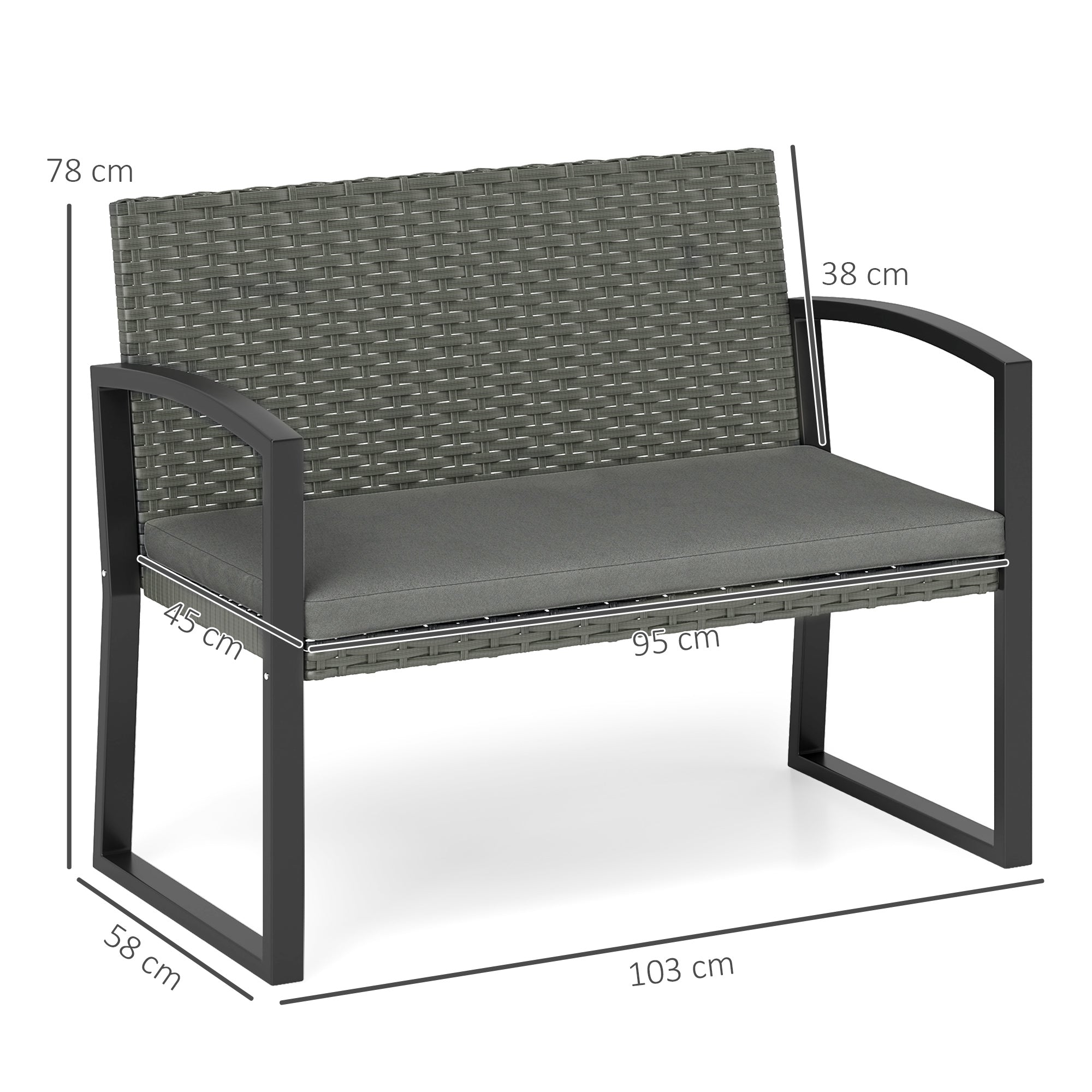 Two-Seater Rattan Garden Bench - Grey/Black