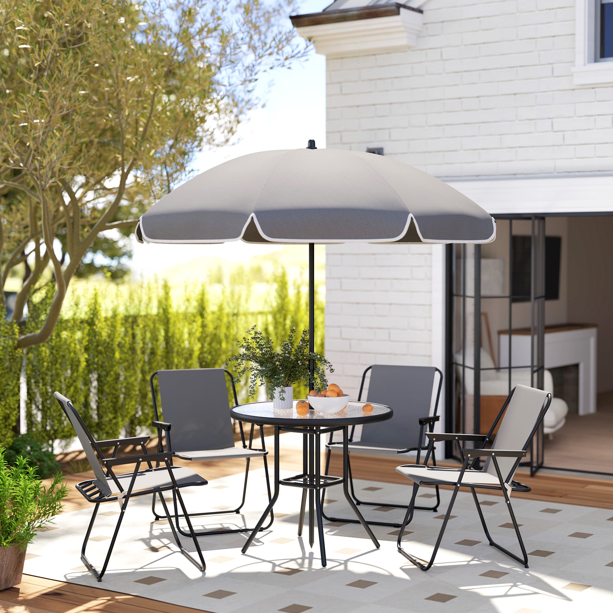 4 Seater Garden Furniture Set with 6 Pieces Table, Folding Chairs & Parasol - Grey