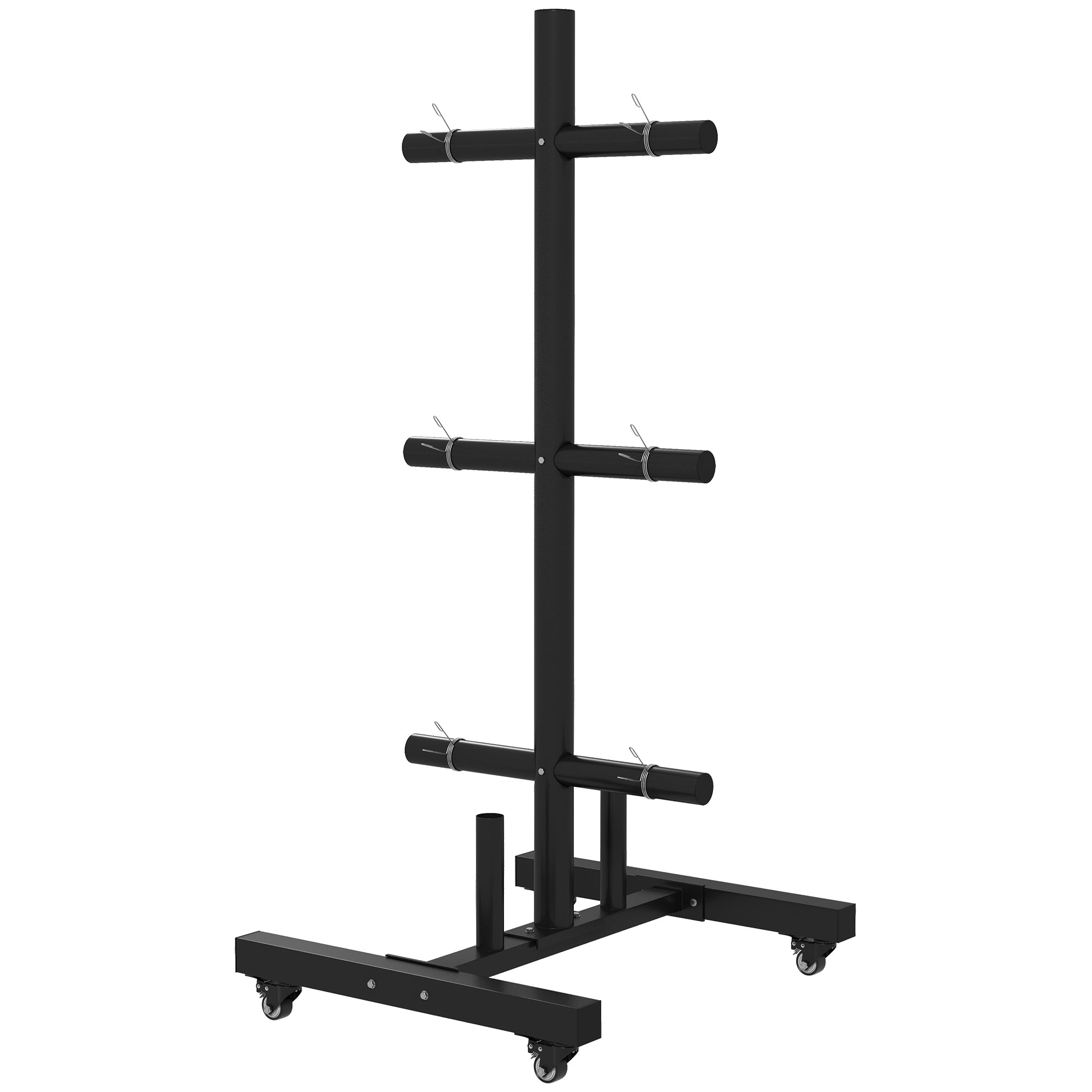 Weight Rack for Olympic Weight Plate, 3 Tier Weight Tree for 2 inch Plates and Bars, Weight Organizer Stand with 4 Transport Wheels and Clamps for Home Gym, Max Load 200kg, Black