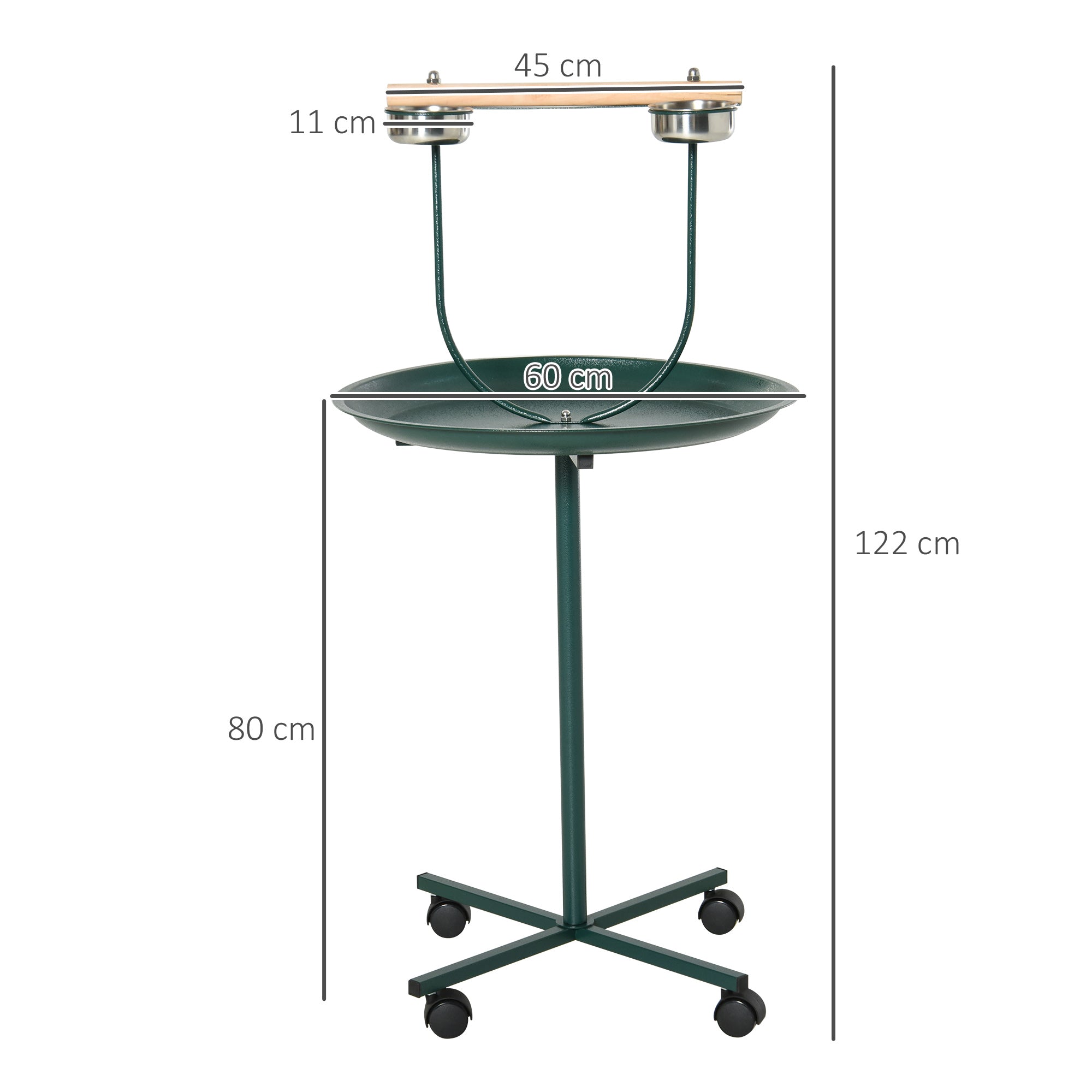 Bird Perch Stand with Perch, Four Wheels, Feeding Bowls for Small & Medium Birds, Green