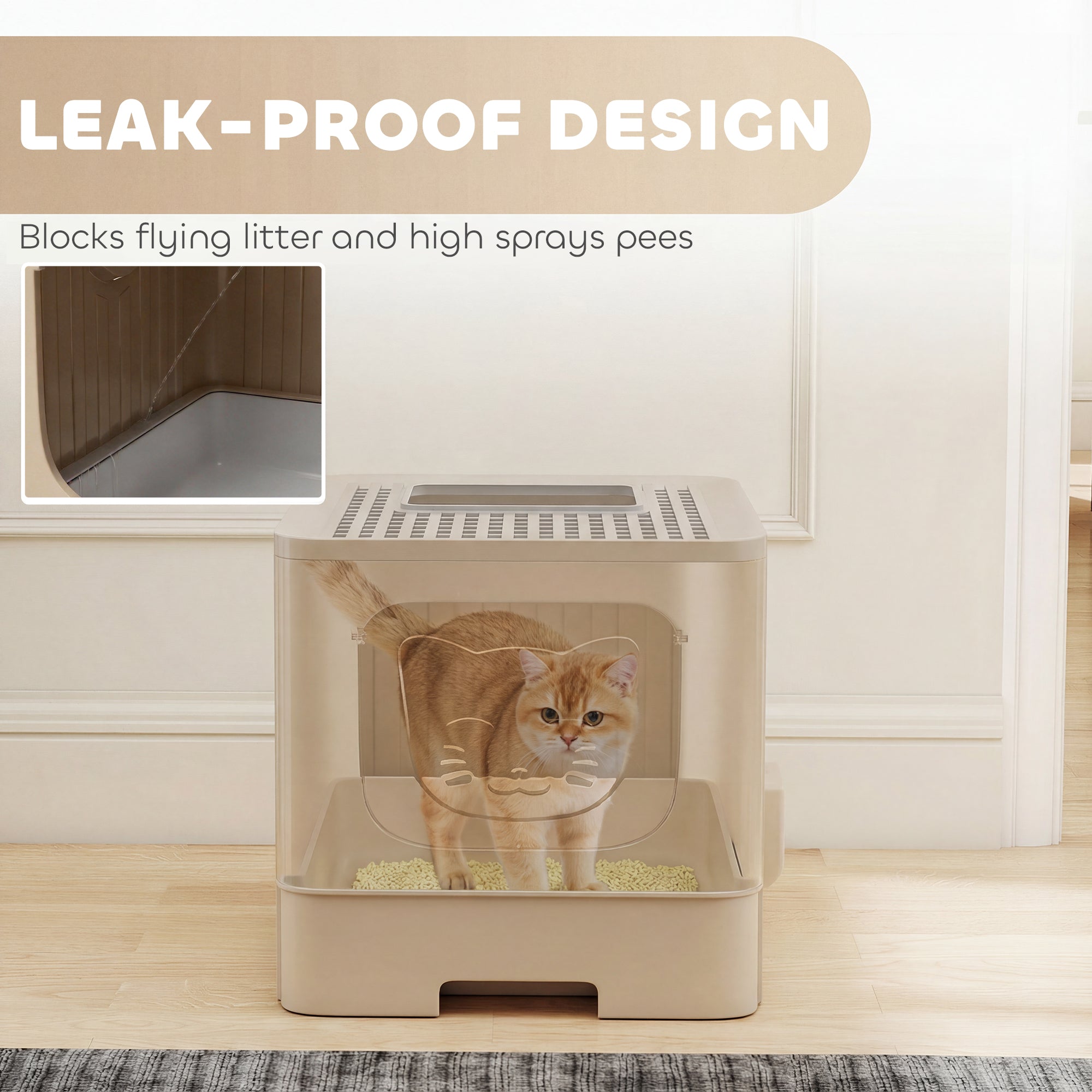 Cat Litter Box with Lid, Slide-Out Drawer, Scoop, Easy Clean, Odour Control, Anti-Splashing, Khaki