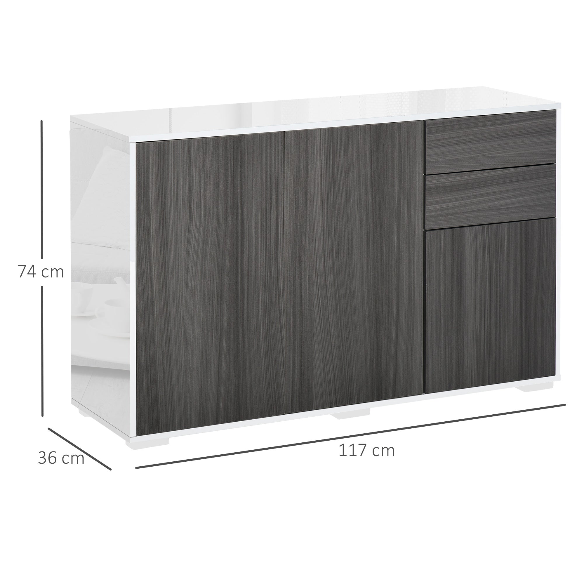 High Gloss Frame Sideboard, Side Cabinet, Push-Open Design with 2 Drawer for Living Room, Bedroom, Light Grey and White