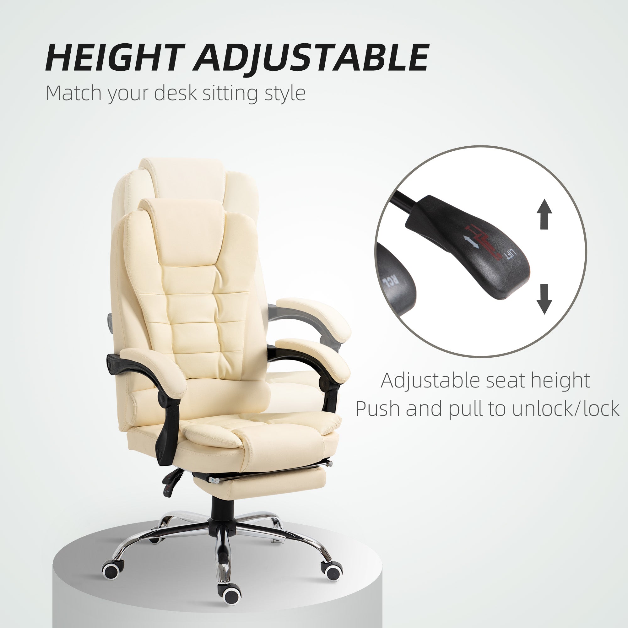 Executive Office Chair, Home Office Chair with Swivel Wheels, Reclining Backrest, Retractable Footrest, Cream White