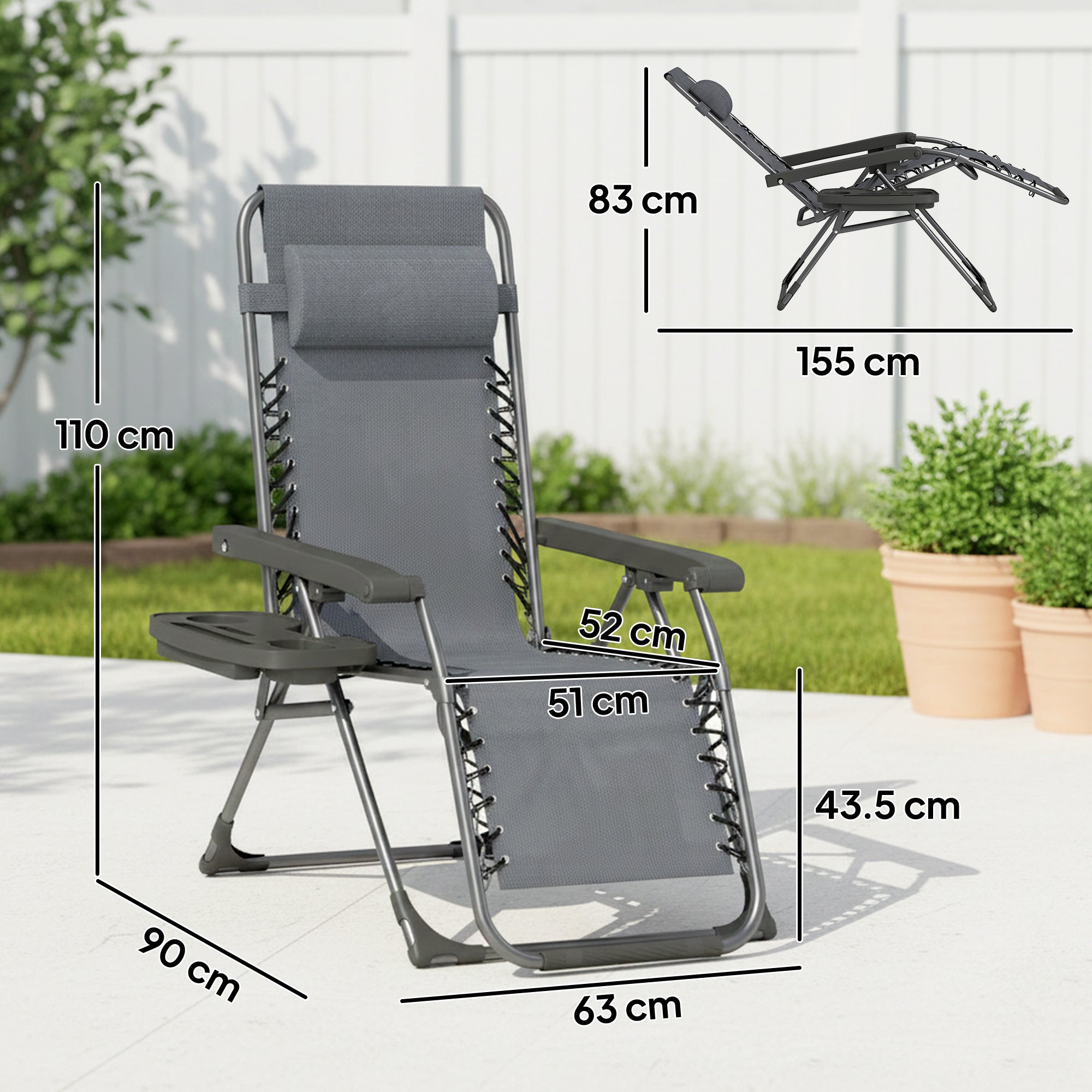 Zero Gravity Chairs Set of 2, Folding Sunloungers Reclining Garden Chairs with Cup Holder, Headrest, Dark Grey
