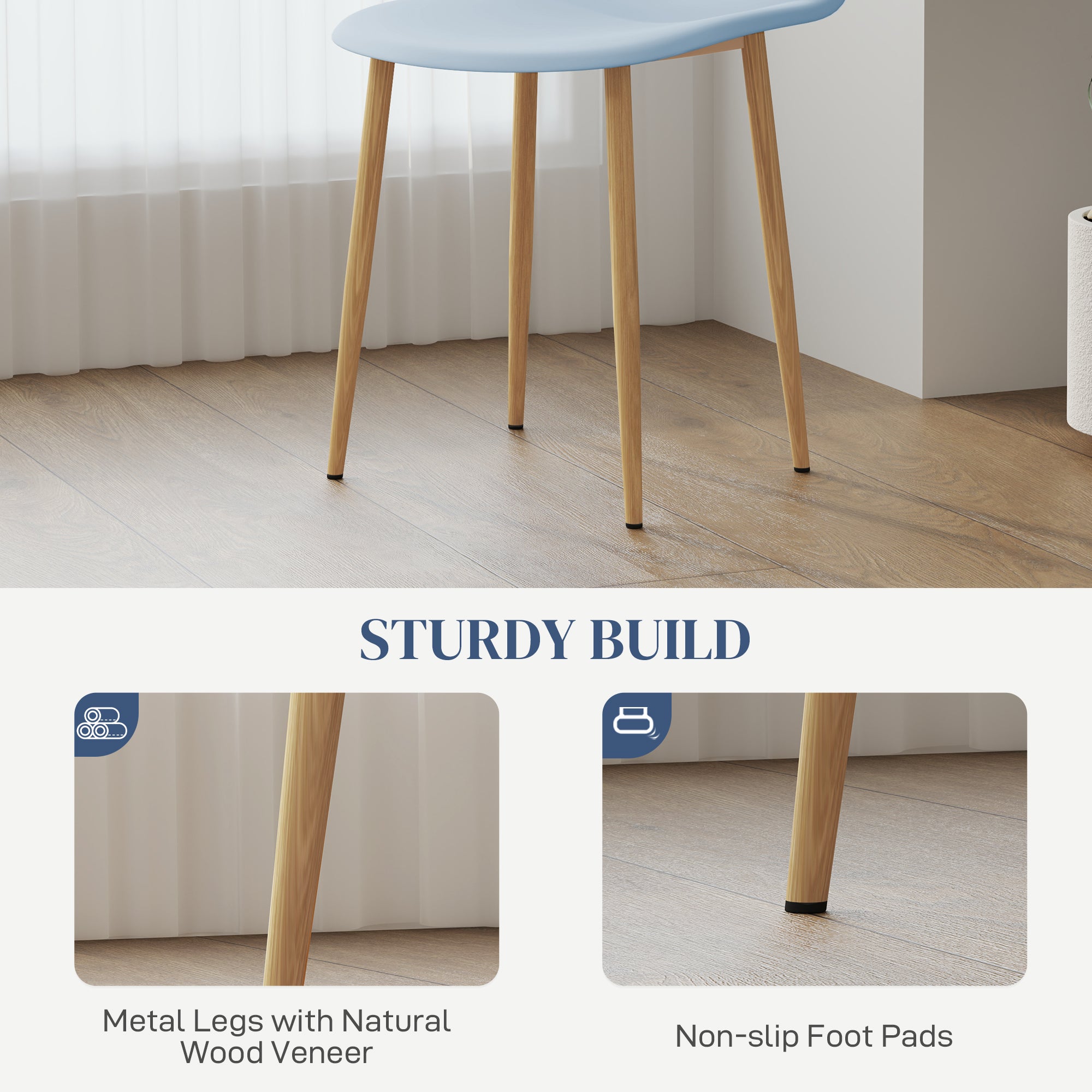 Modern Dining Chairs Set of 4, Kitchen Chairs with Backrest and Steel Legs for Dining Room, Living Room, Light Blue