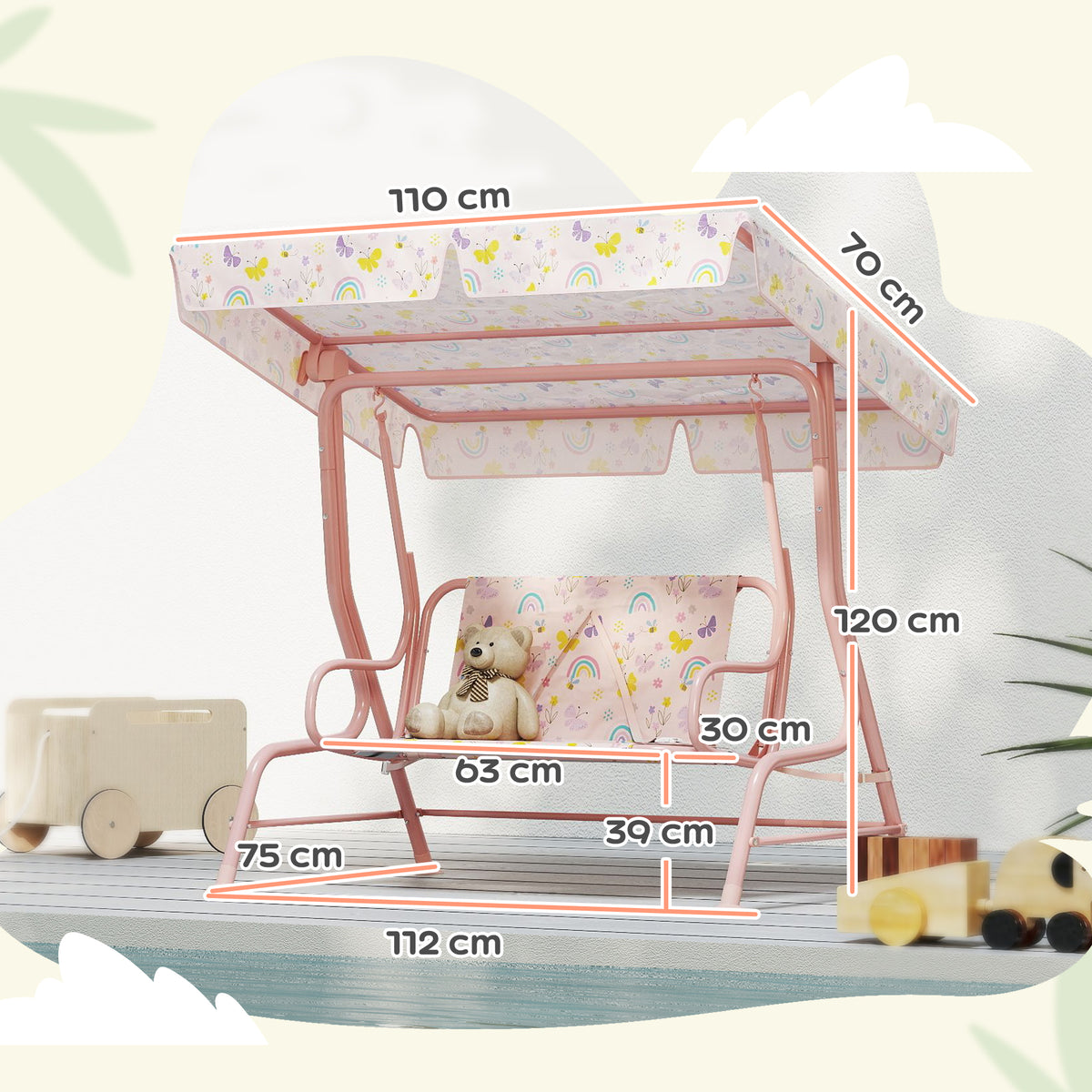 Kids 2-Seater Garden Swing Chair with Adjustable Canopy and Safety Belt - Pink