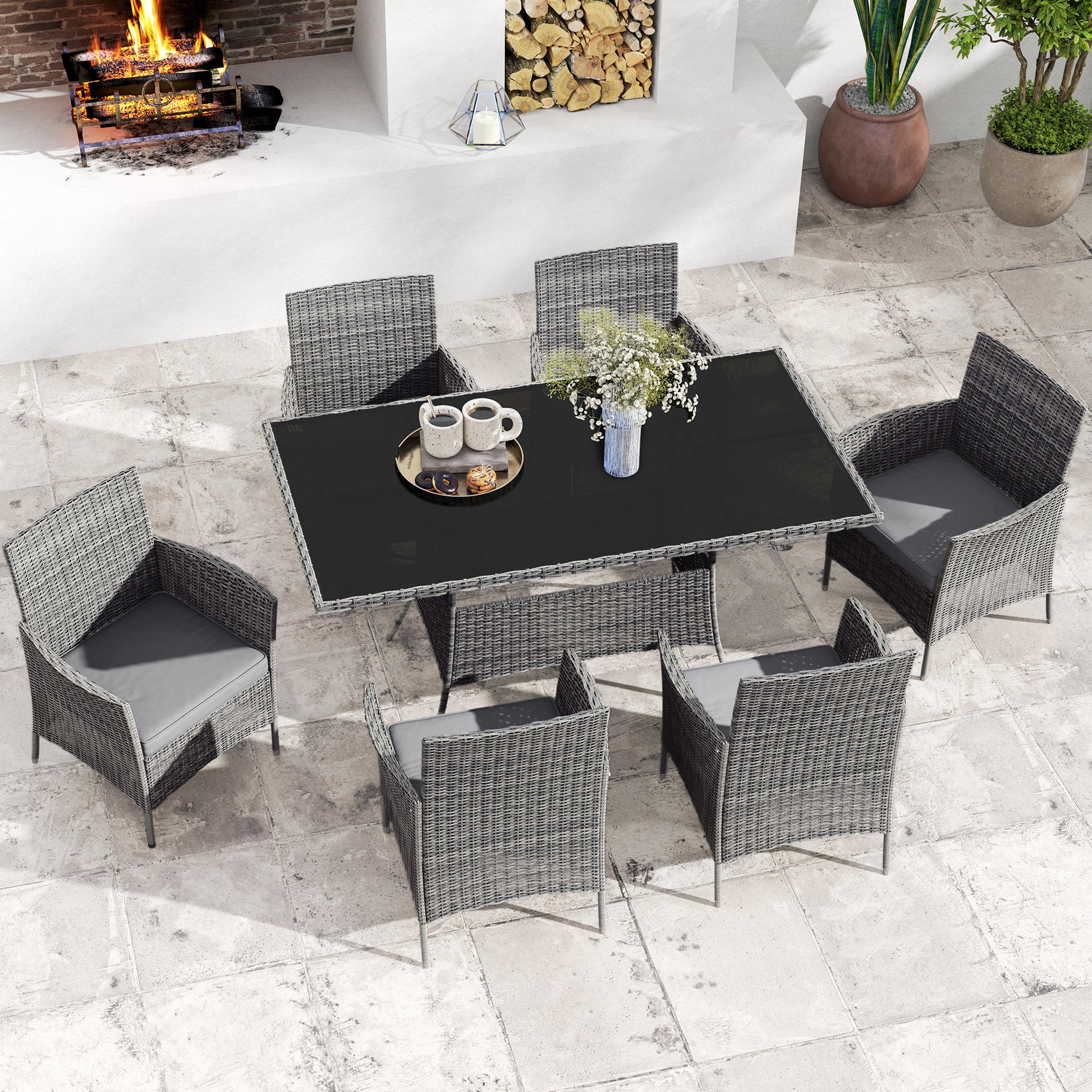 7-Piece 6-Seater Rattan Garden Dining Set with Cushions and Rectangular Glass Table - Charcoal Grey