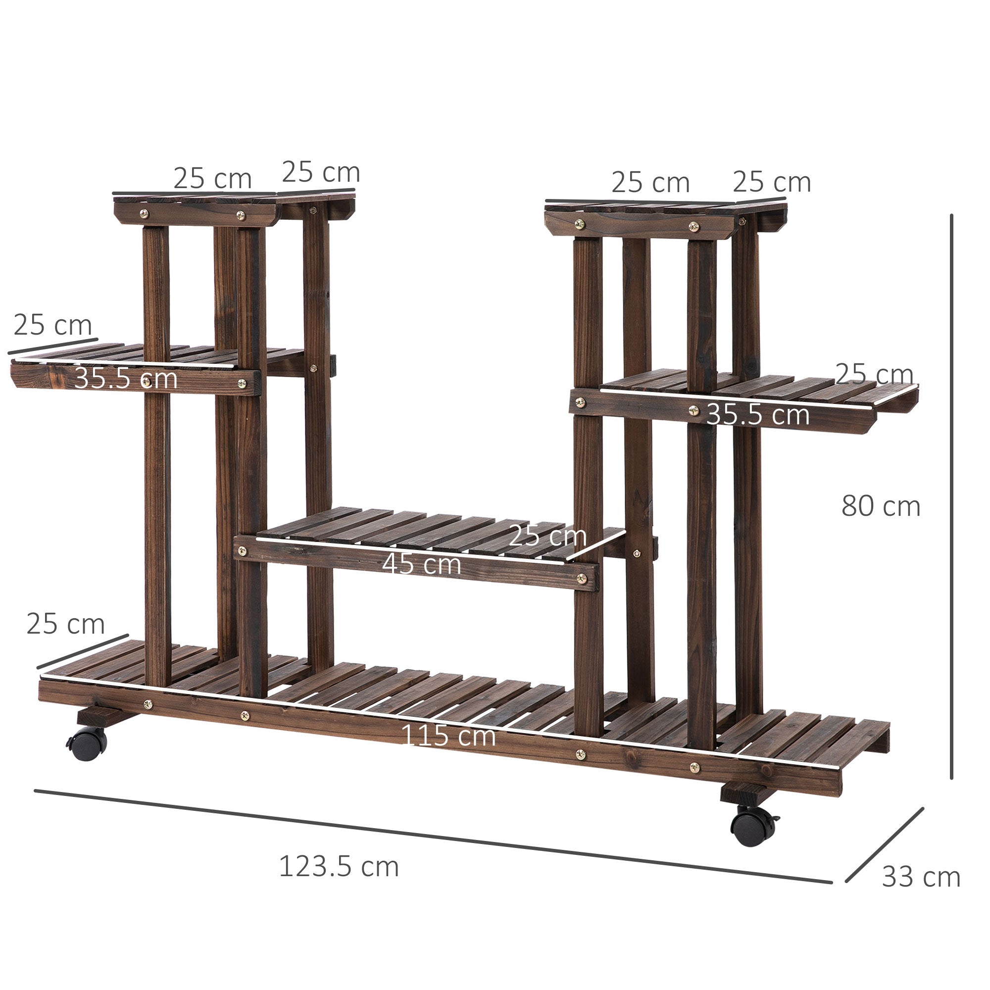 4-Tier Plant Stand with Wheels and Brakes, Floor-standing Wooden Flower Rack, for Indoor & Outdoor Garden Balcony Living Room, 124 x 33 x 80 cm