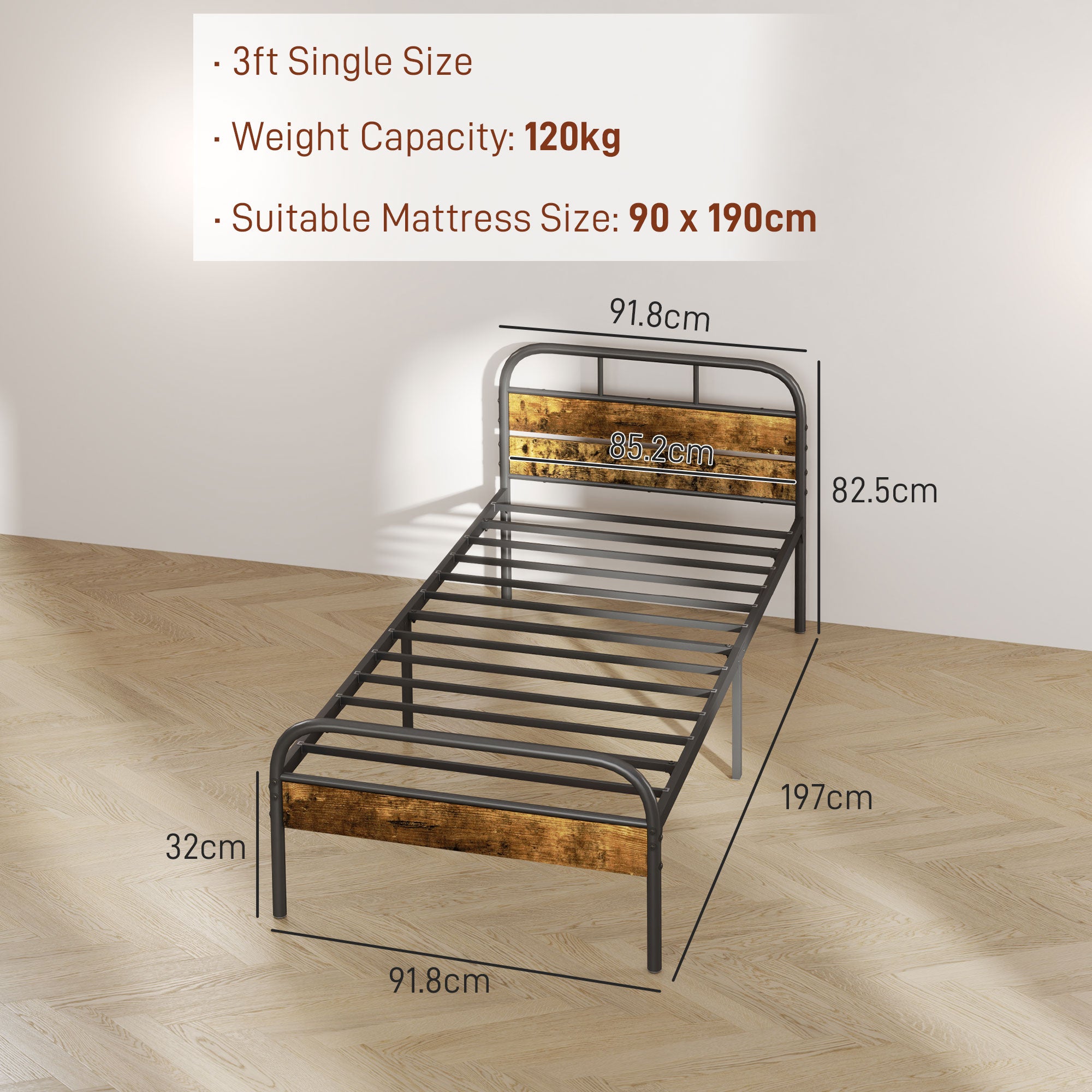 Industrial-Style Single Bed Frame - Black/Brown