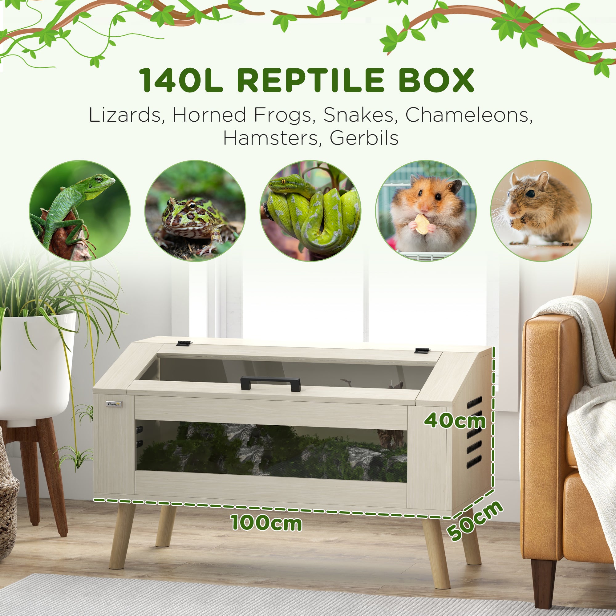 140L Vivarium for Snakes, Lizards, Horned Frogs, Chameleons, Hamsters, Gerbils with Tempered Glass Windows