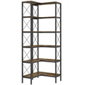 5-Tier L-Shaped Bookshelf, Freestanding Corner Bookcase with Metal Frame, Rustic Brown