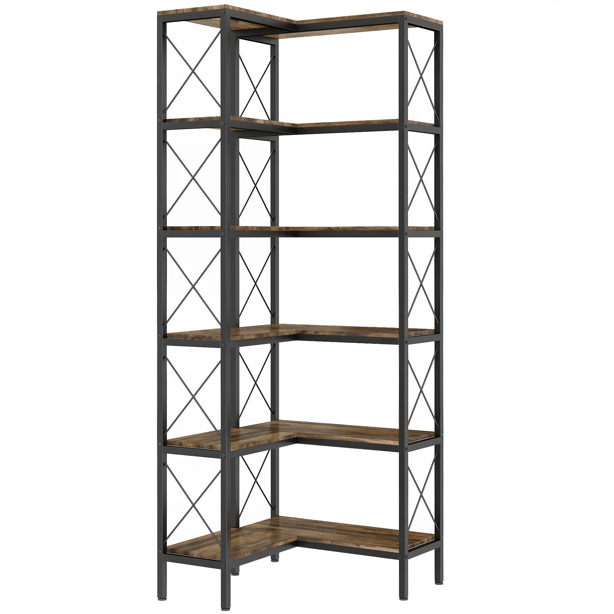 5-Tier L-Shaped Bookshelf, Freestanding Corner Bookcase with Metal Frame, Rustic Brown