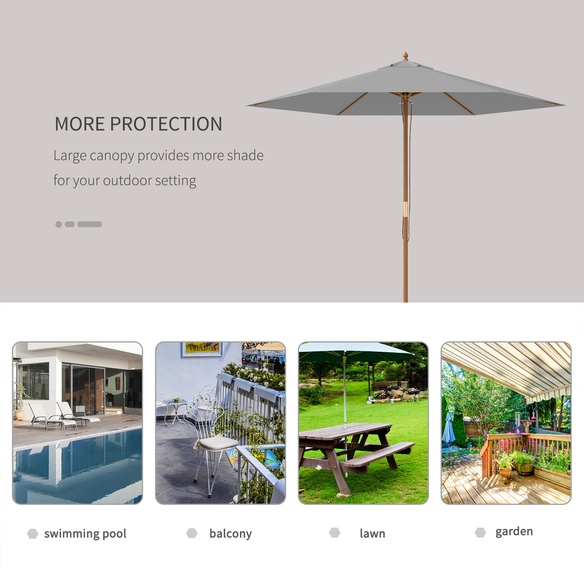 2.5m Wooden Garden Parasol Sun Shade Umbrella - Light Grey
