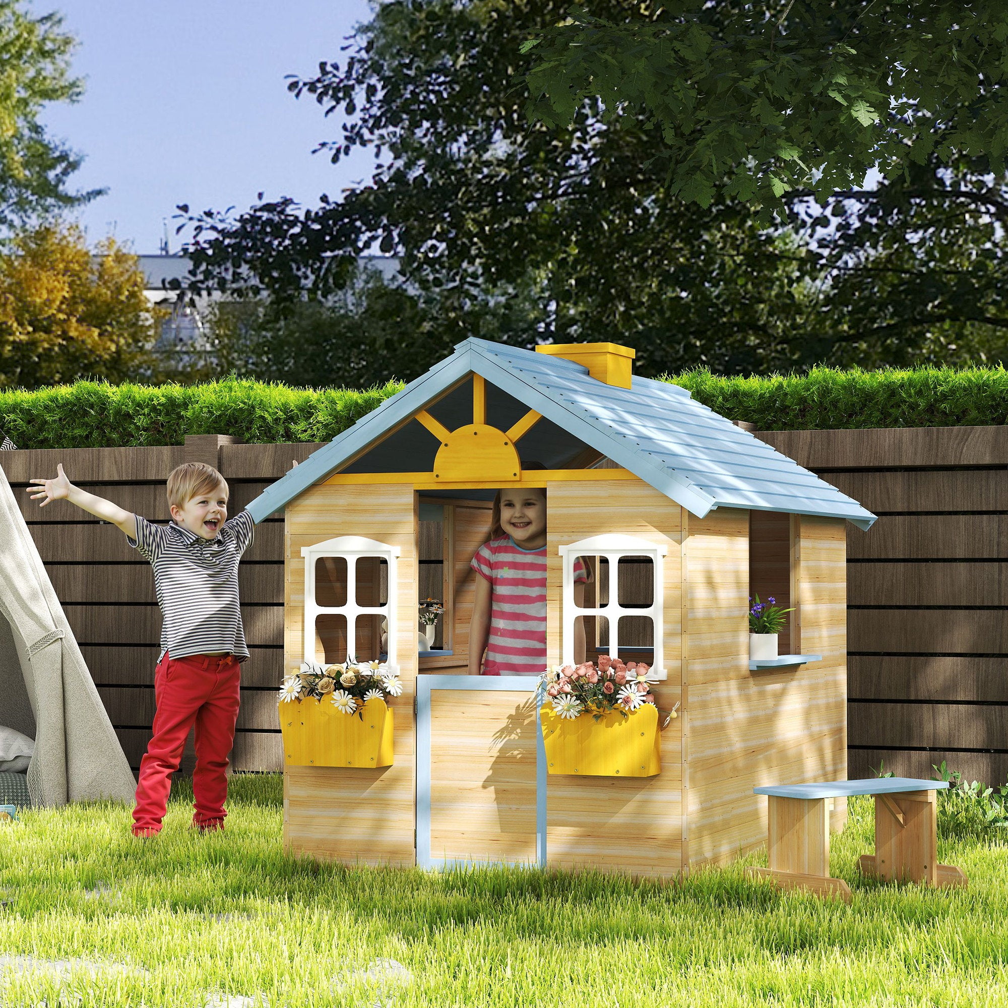 Wooden Playhouse, Wendy House w/ Door, Bench, Flowerpot Holder, For Ages 3-7 Years, Blue