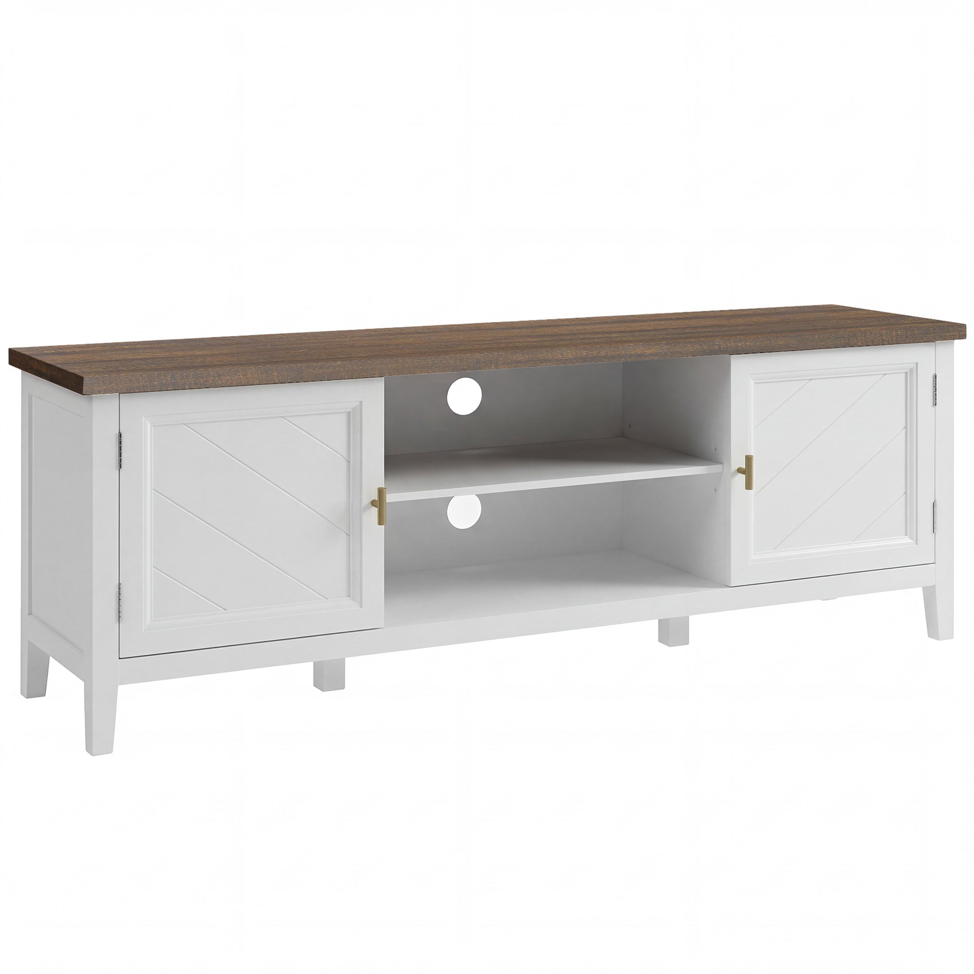 TV Unit for TVs up to 42 Inch, Farmhouse Entertainment Centre with 2 Open Shelves, 2 Cabinets and Thick Top