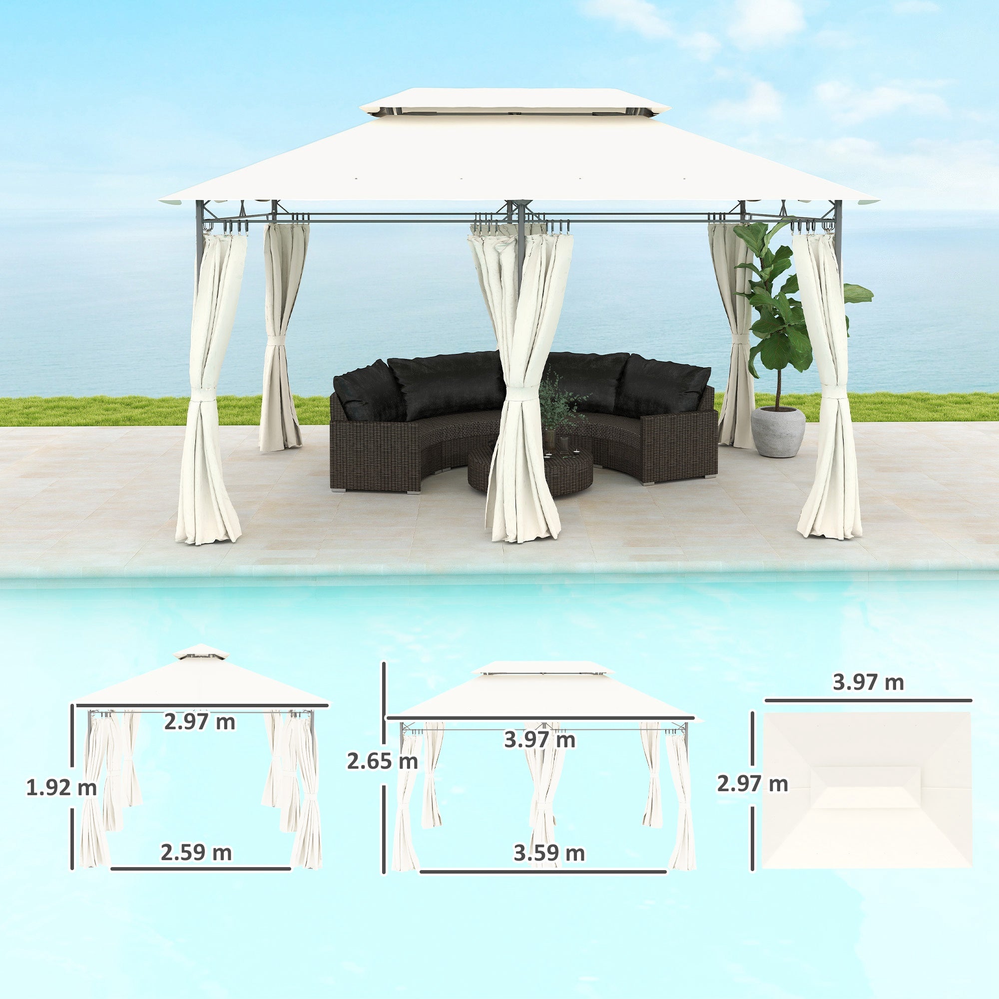 3 x 4m Metal Frame Gazebo with Two-Tier Roof and Removable Curtains - Cream White