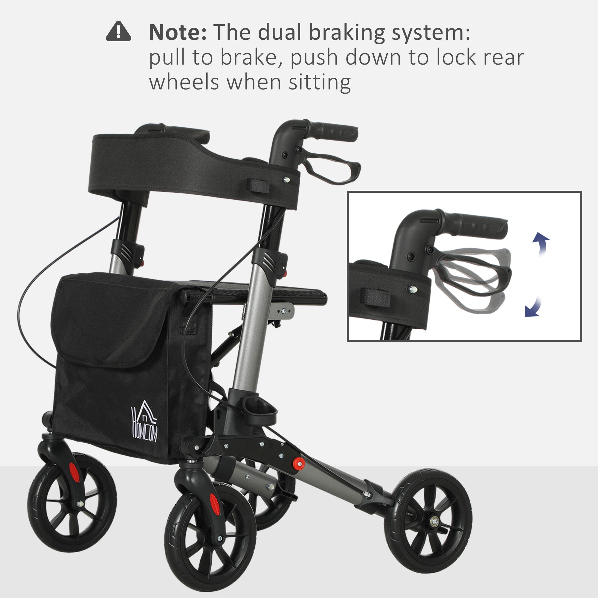 4 Wheel Rollator with Seat and Back, Folding Mobility Walker with Carry Bag, Adjustable Height, Dual Brakes, Cane Holder, Lightweight Aluminium Walking Frame for Seniors and Disabled, Silver