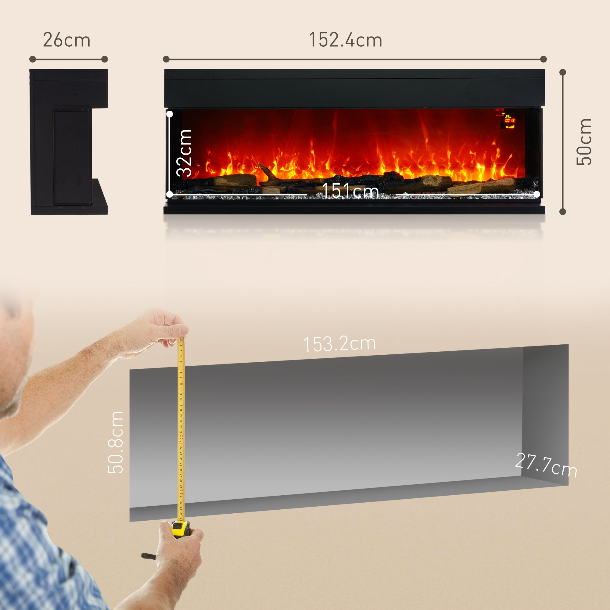 1800W 15-40„ƒ Adjustable Flame Glass Panel Convector Heater, 152cm