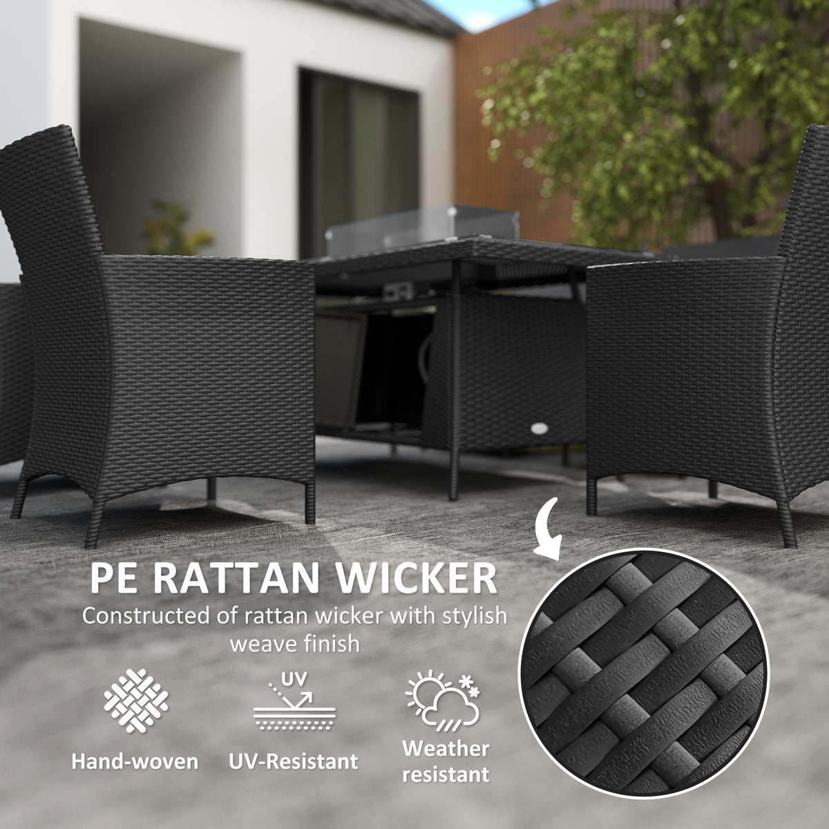 7 Piece Outdoor Rattan Garden Dining Set with 6 Chairs, Fire Pit Table & 50,000 BTU Propane Heater - Black