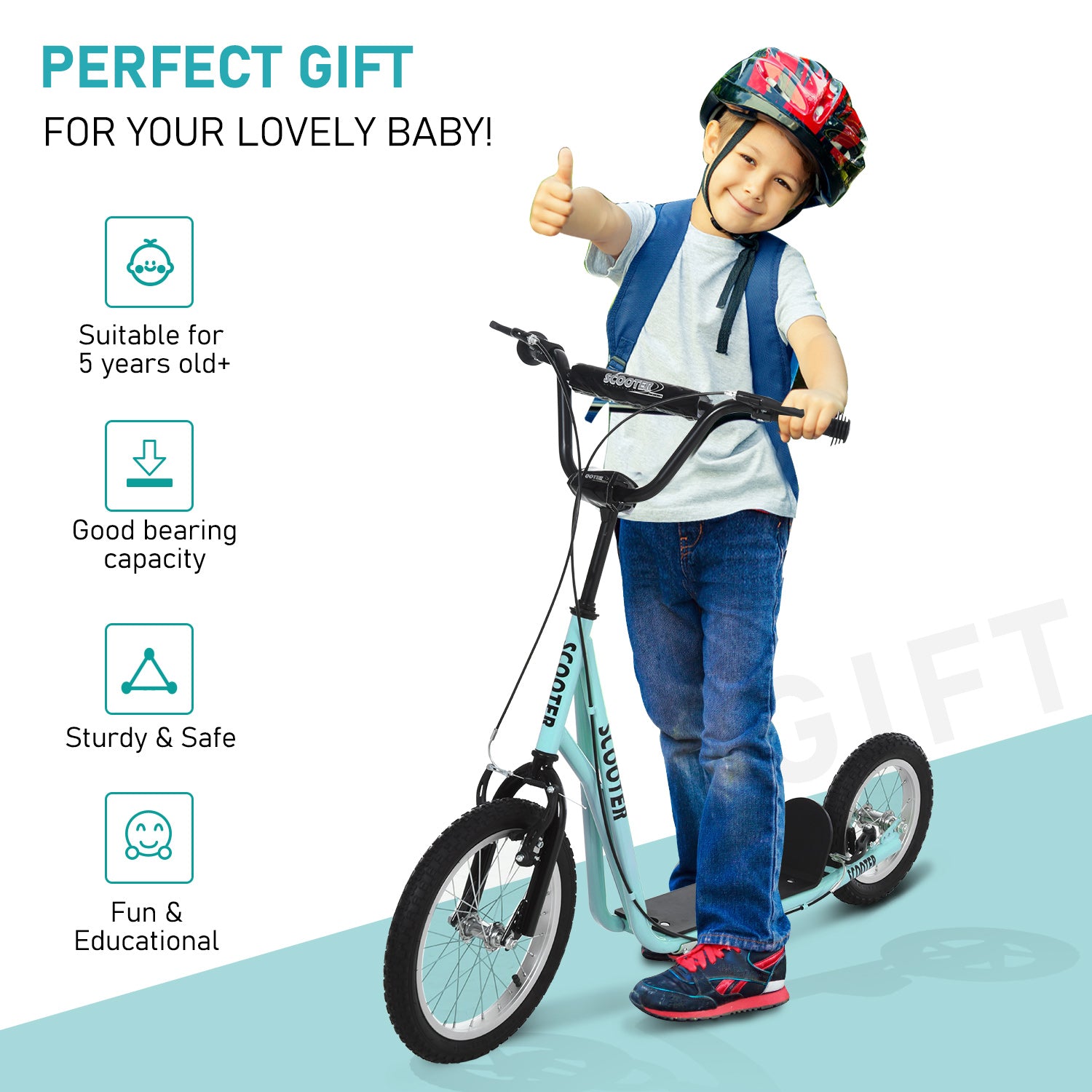 Teen Kids Stunt Scooter w/ Adjustable Handlebar, 16 Inch Rubber Tyres, Dual Brakes, Blue