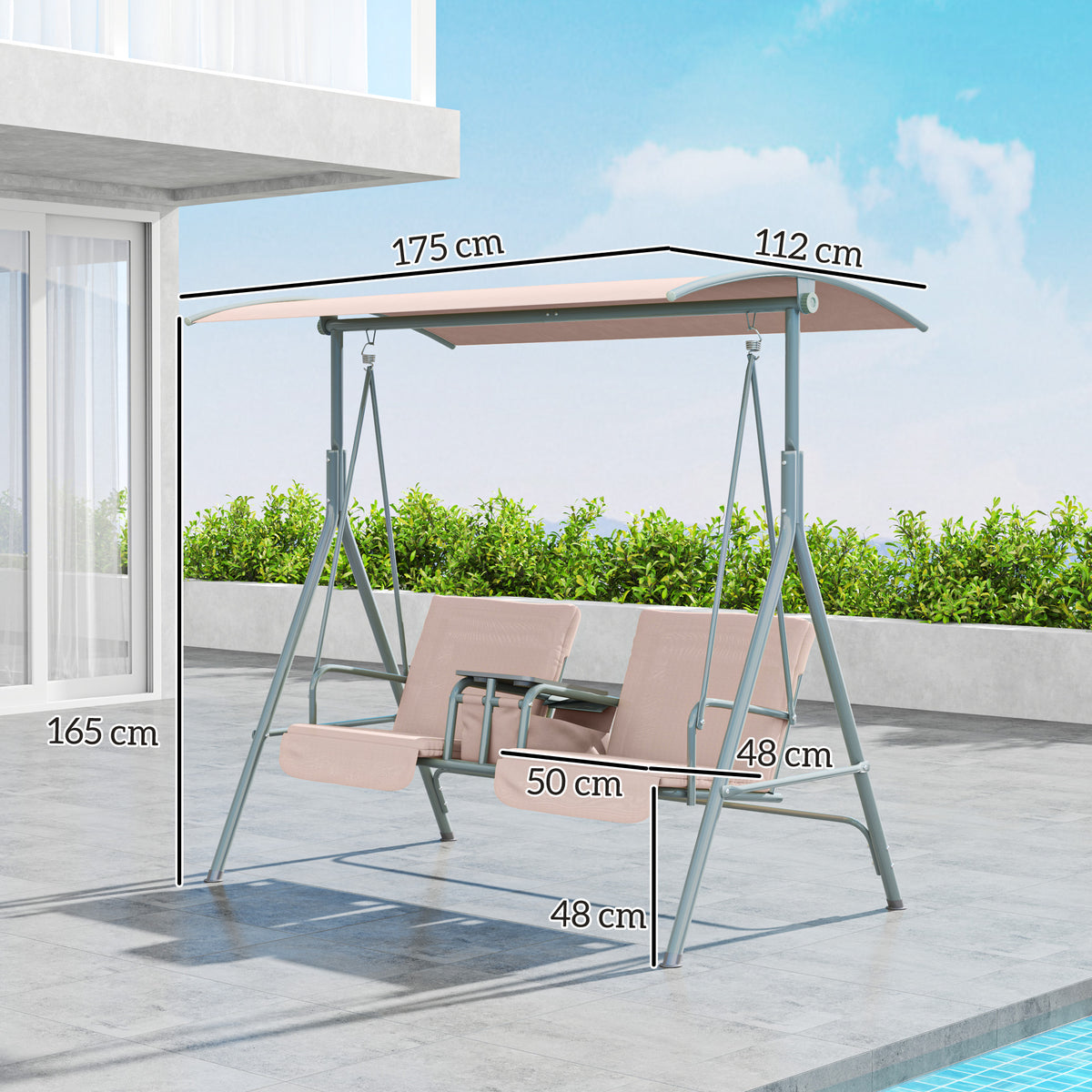 2 Seater Garden Swing Chair with Tilting Canopy and Storage Bag - Beige