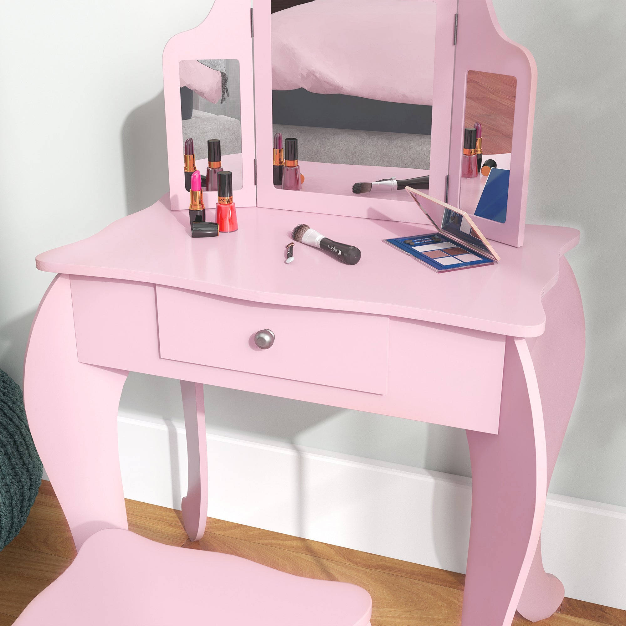 Kids Vanity Table and Chair Set with Tri-Folding Mirror and Stool, Makeup Dressing Table with Drawer, Pink