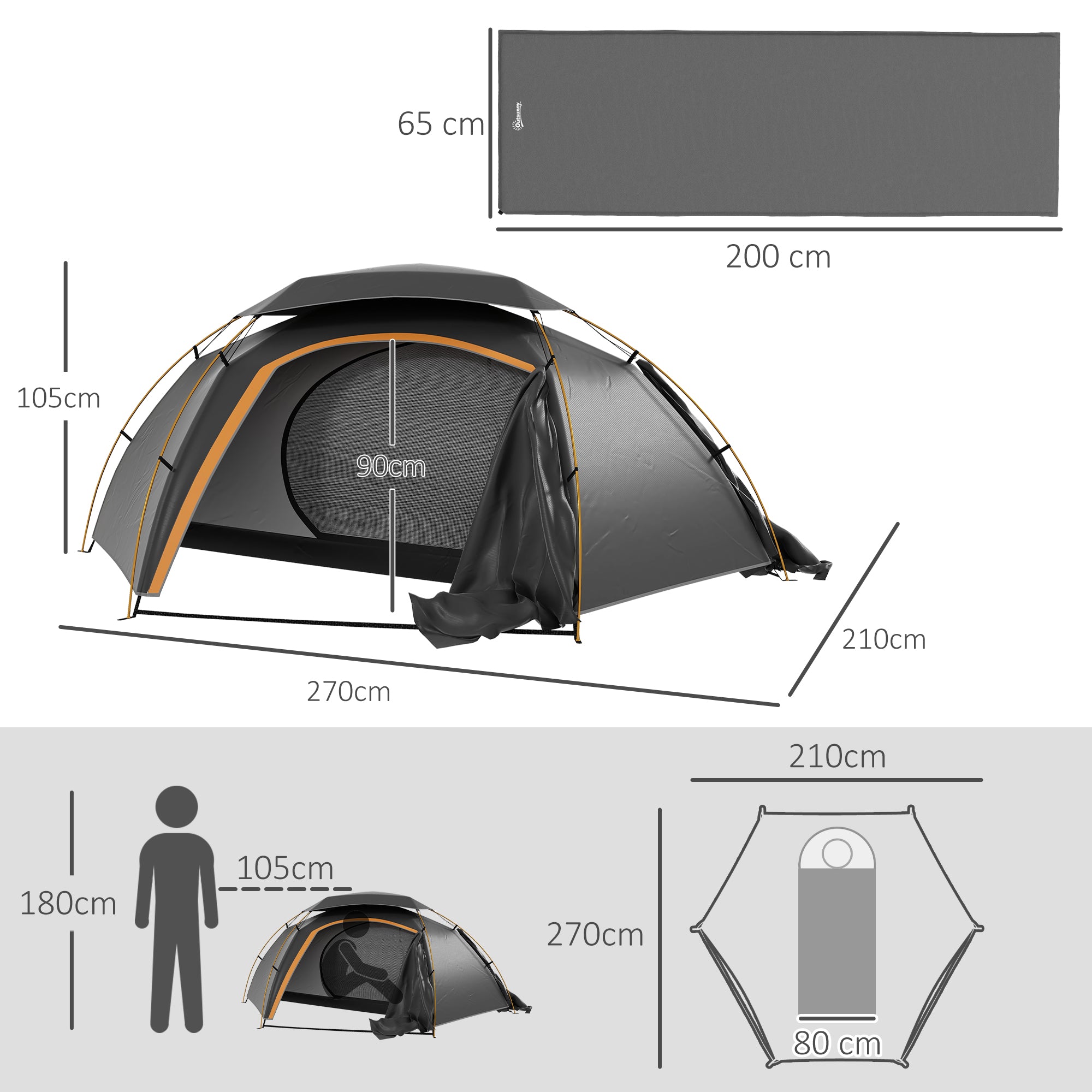 Camping Tent with Self Inflatable Mattress, 1 Person Dome Tent with Removable Rainfly and Aluminium Frame, 2000mm Waterproof, Portable with Bags, for Fishing Hiking, Dark Grey/Grey