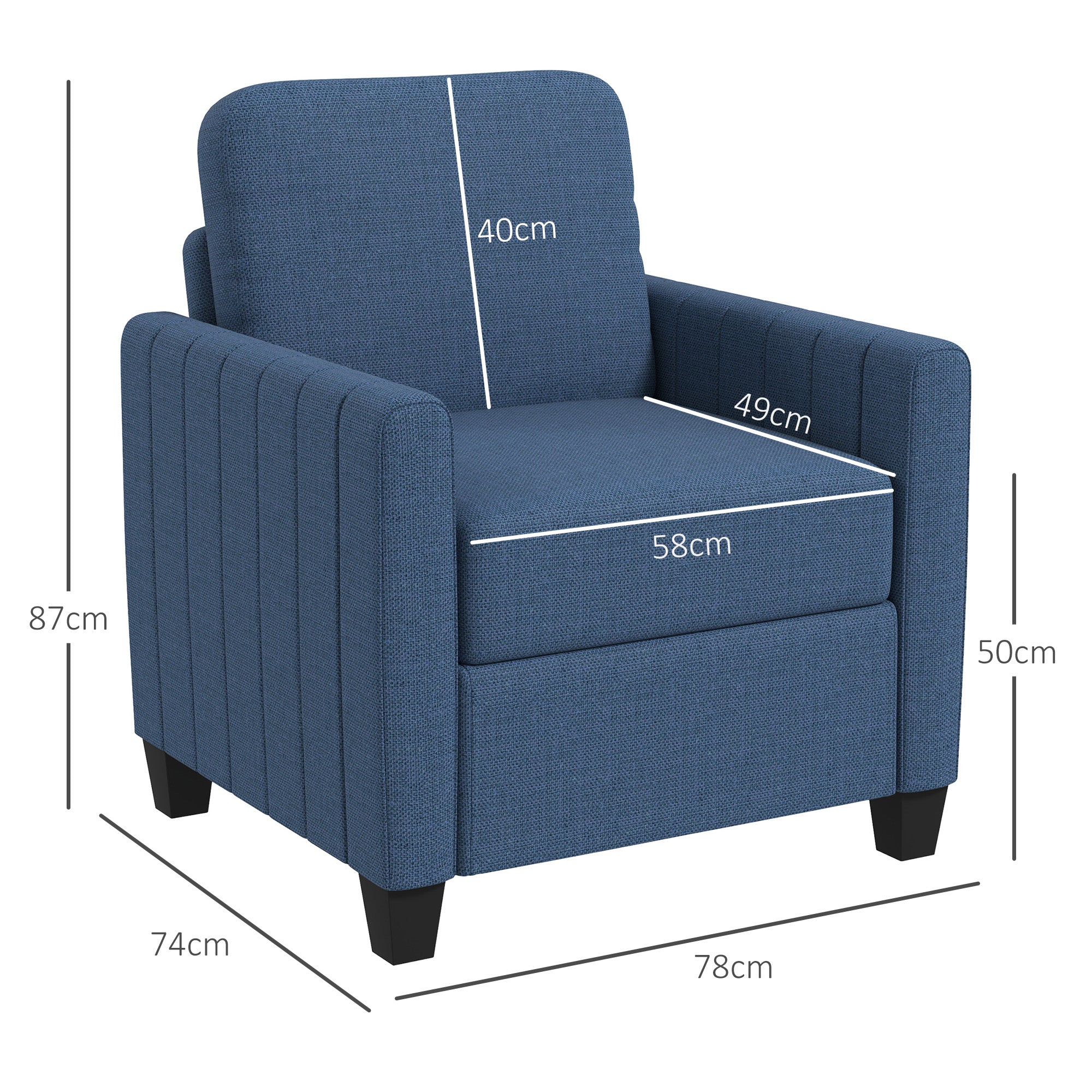 Armchair, Channel Tufted Modern Fabric Accent Chair, Comfy Upholstered Reading Lounge with Spring Cushion, Back Pillow, for Living Room, Bedroom, Office, Blue