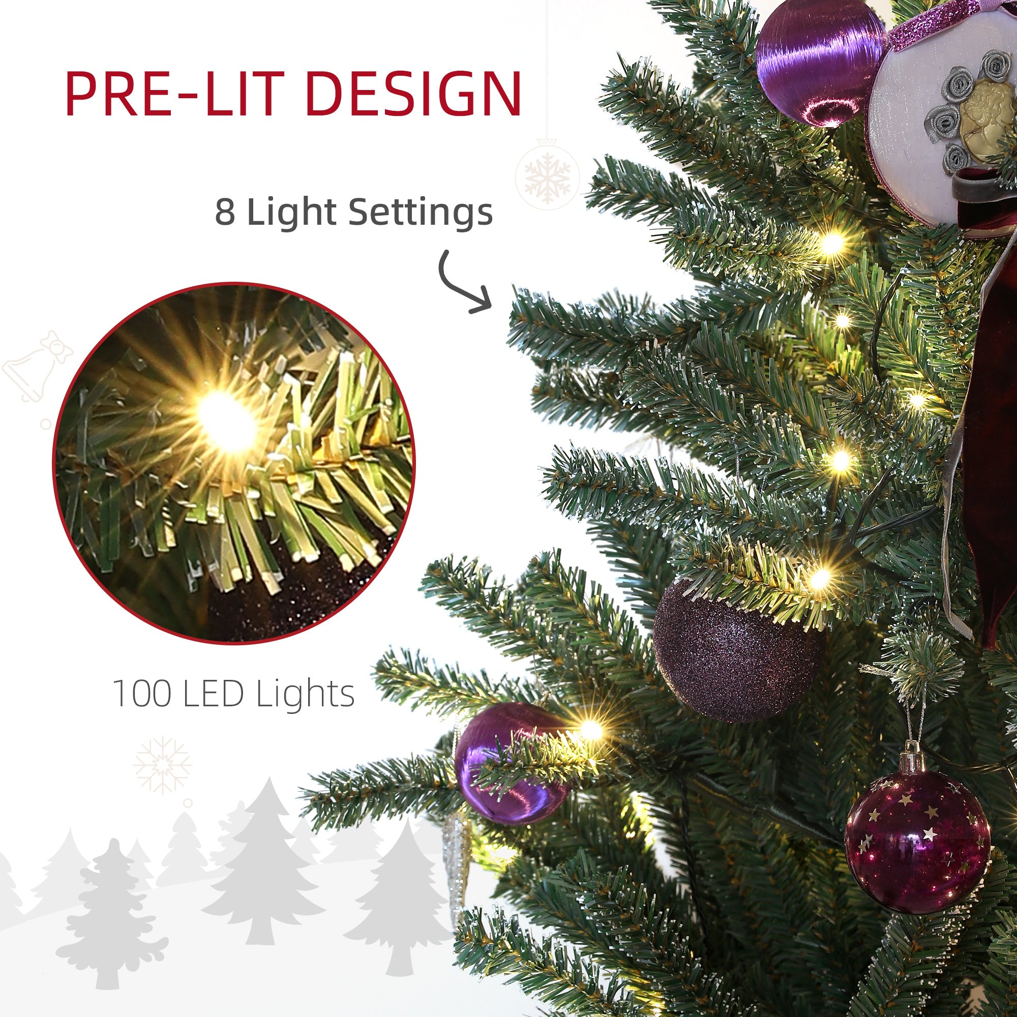 5ft Artificial Prelit Christmas Tree with Warm White LED Lights and 486 Tips, Metal Stand, Xmas Tree with Purple Ornaments for Home Office Holiday