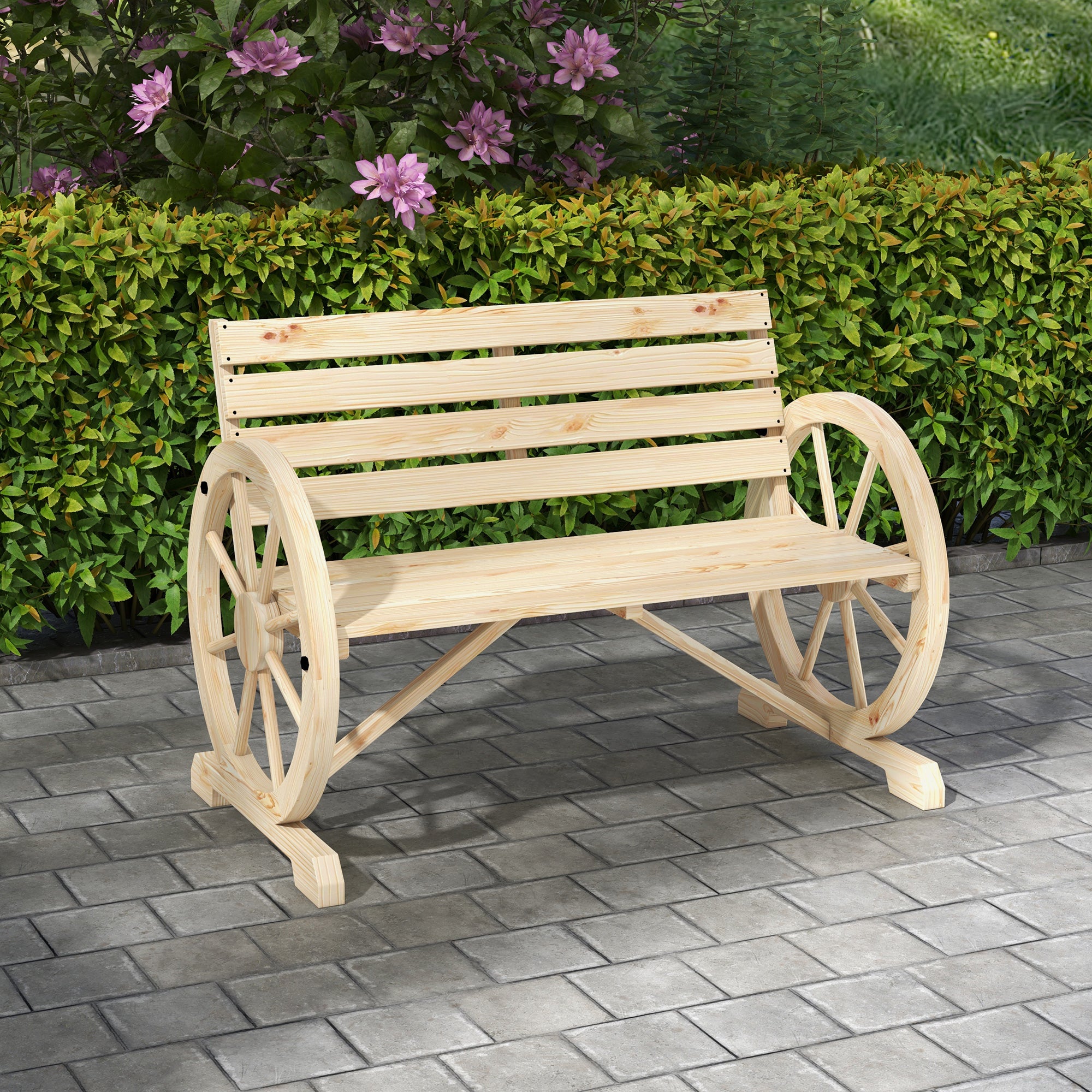 Wagon Wheel Chair Bench Armrest Rustic Loveseat Wood Outdoor Garden, Natural