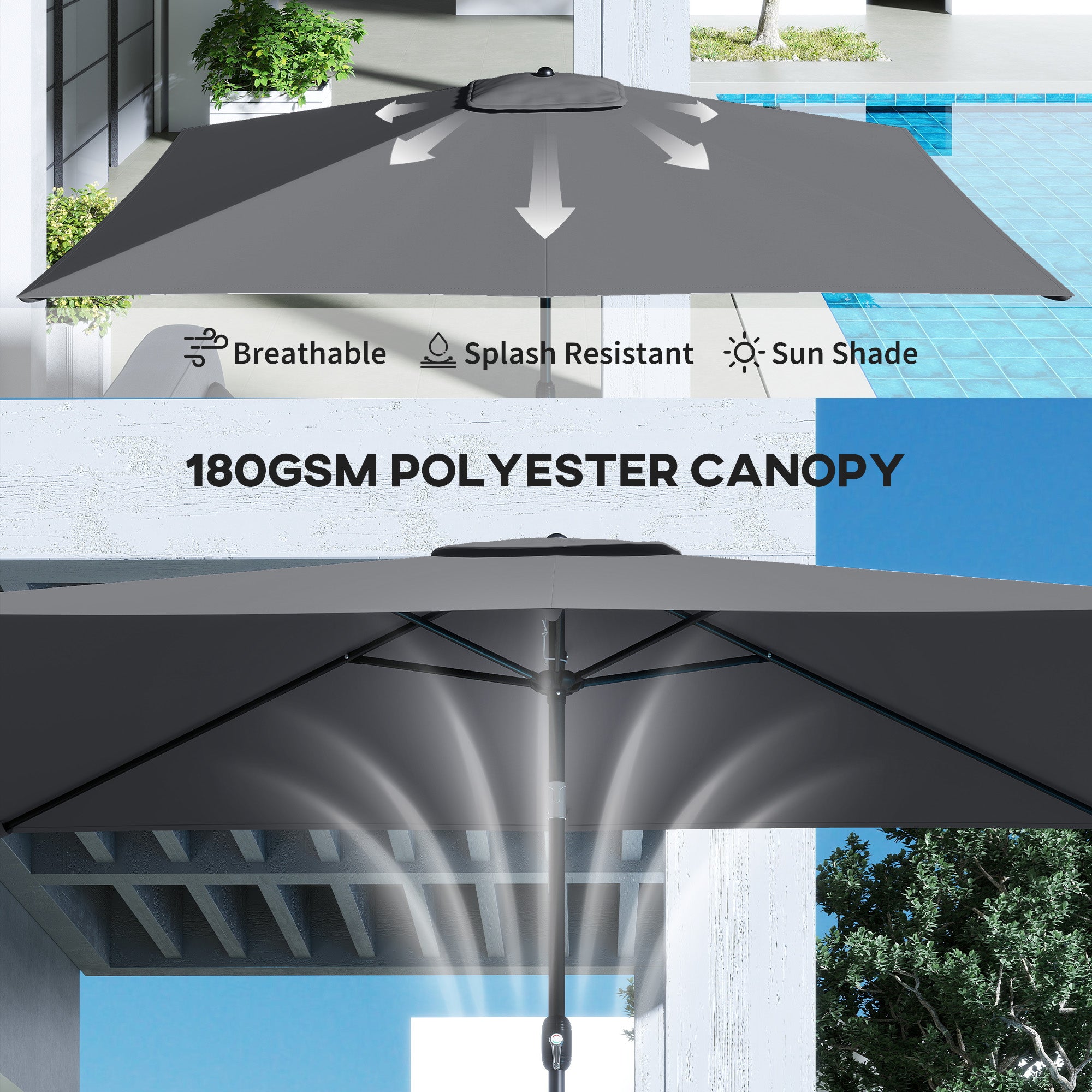 Garden Parasol, Parasol Umbrella with Crank Handle, Tilt Function, Polyester Canopy, Dark Grey