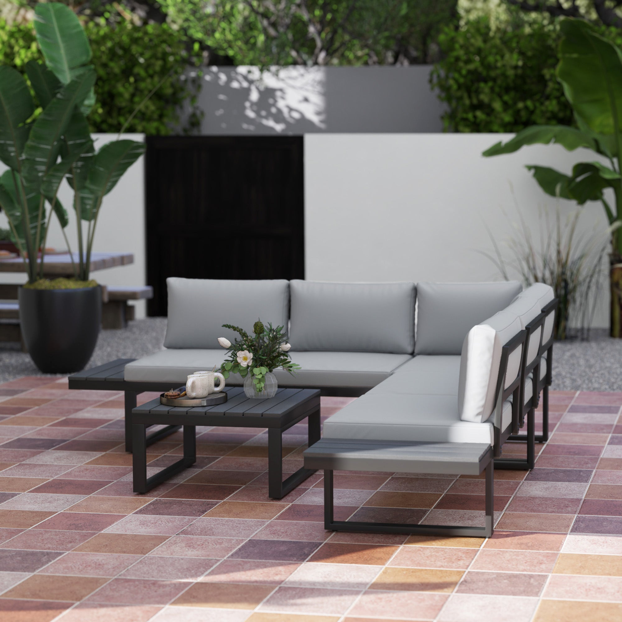 4-Piece Outdoor Patio Garden Lounge Set with 5-Level Reclining Corner Sofa & Cushions - Black Light Grey