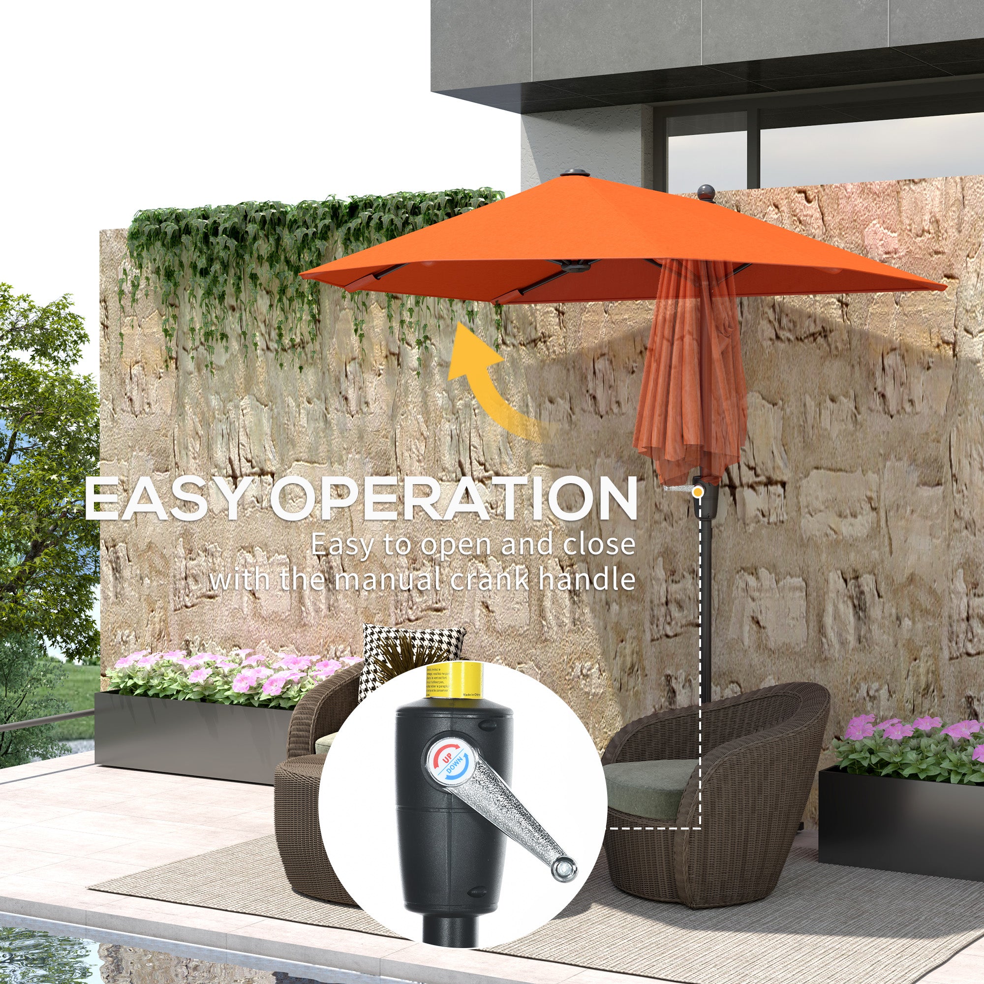 2 Metre Half Parasol Garden Umbrella with Crank Handle - Orange
