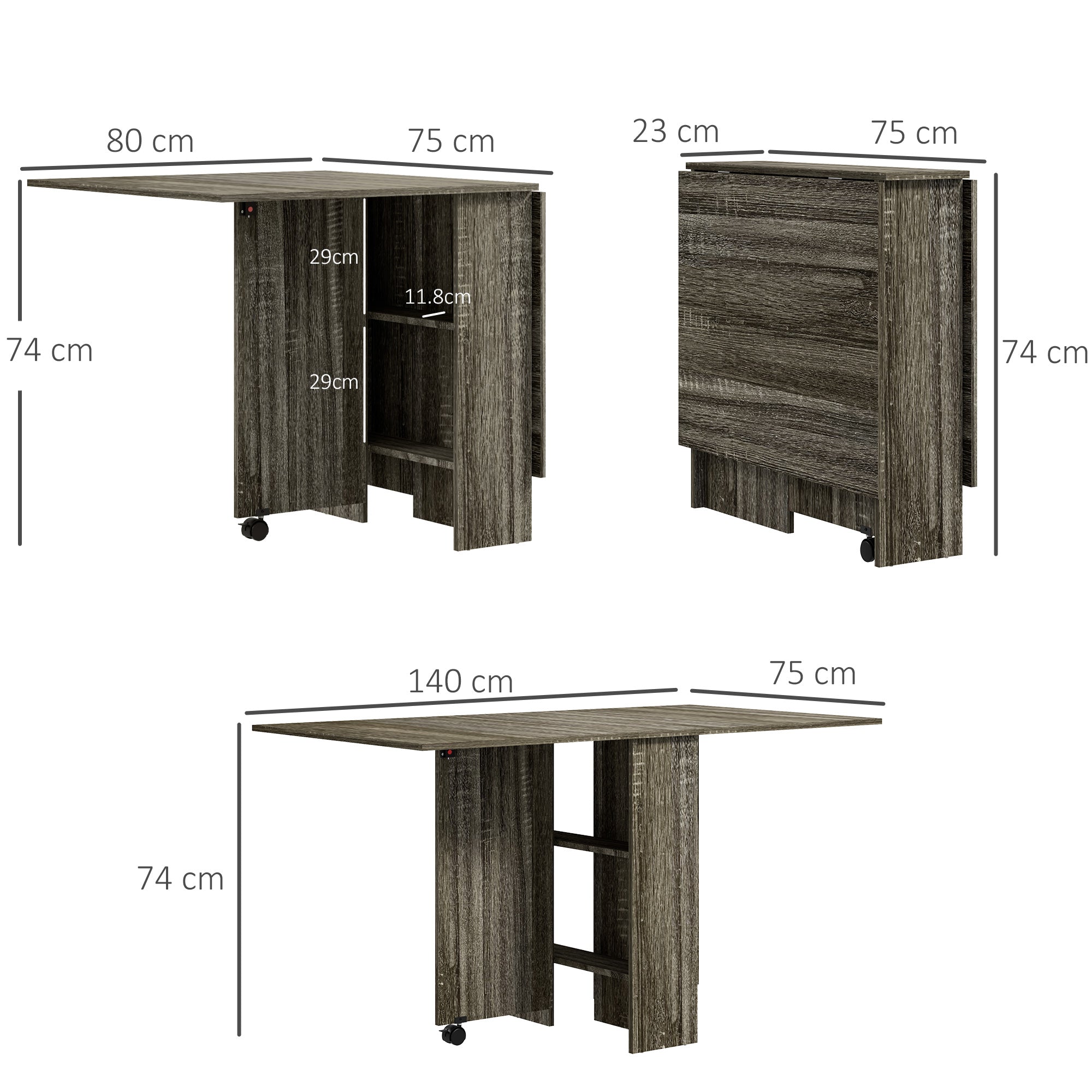 Folding Dining Table, Drop Leaf Table for Small Spaces with 2-tier Shelves, Small Kitchen Table with Rolling Casters, Grey