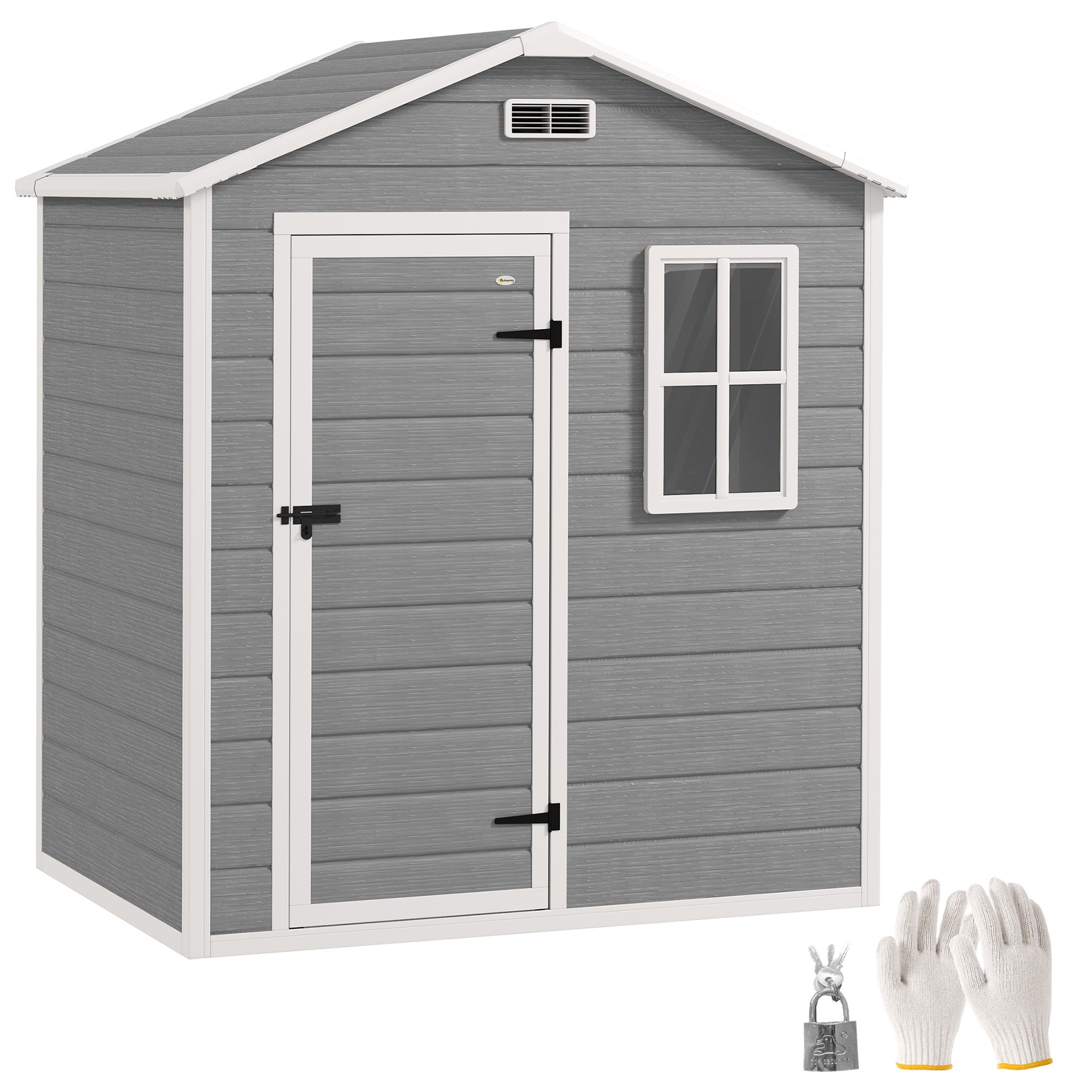 6 x 4ft Plastic Garden Shed with Floor and Lockable Door - Grey Wood Effect