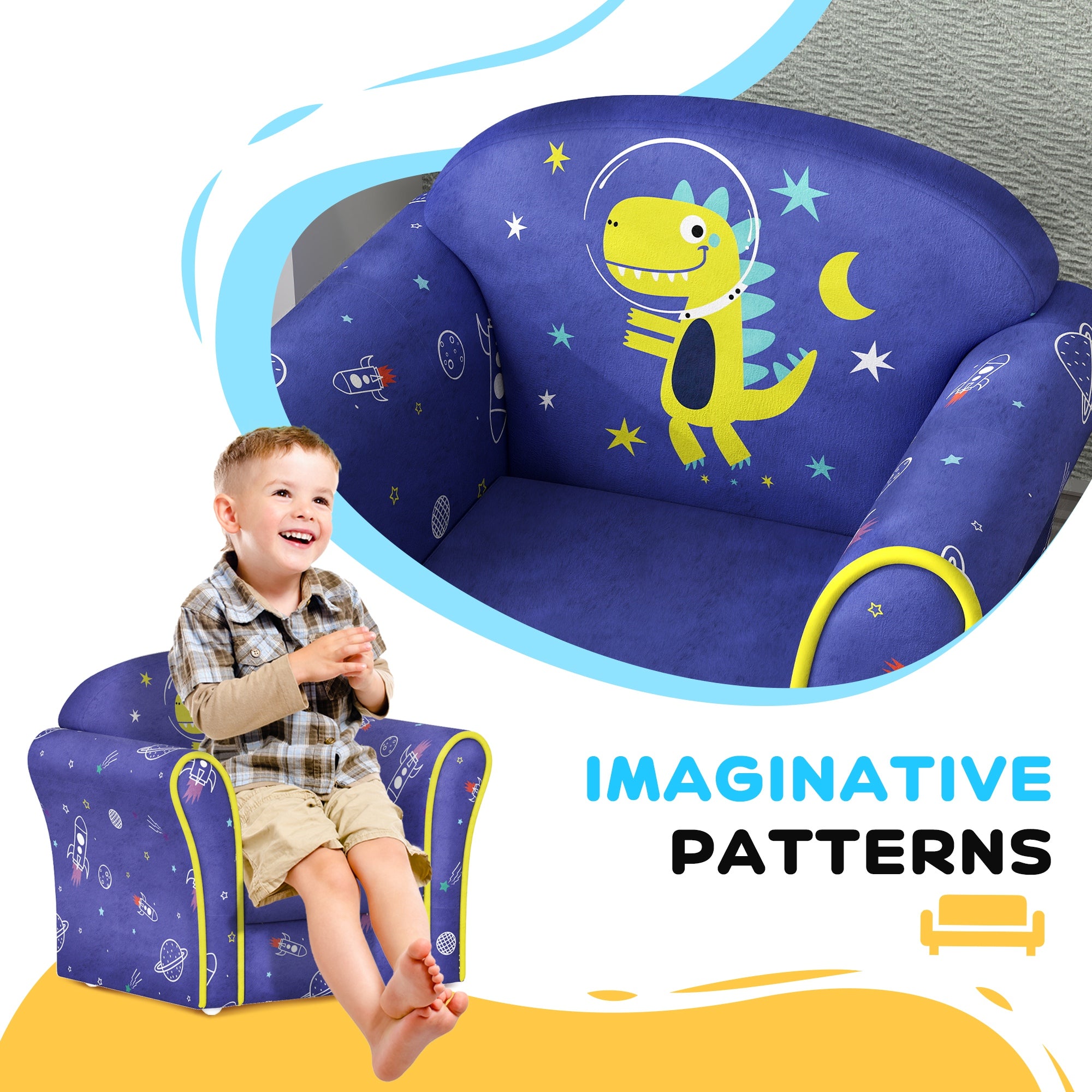 Kids Armchair with Planet Dinosaurs Design, Wooden Frame, for Bedroom, Playroom, Kids Room, Blue