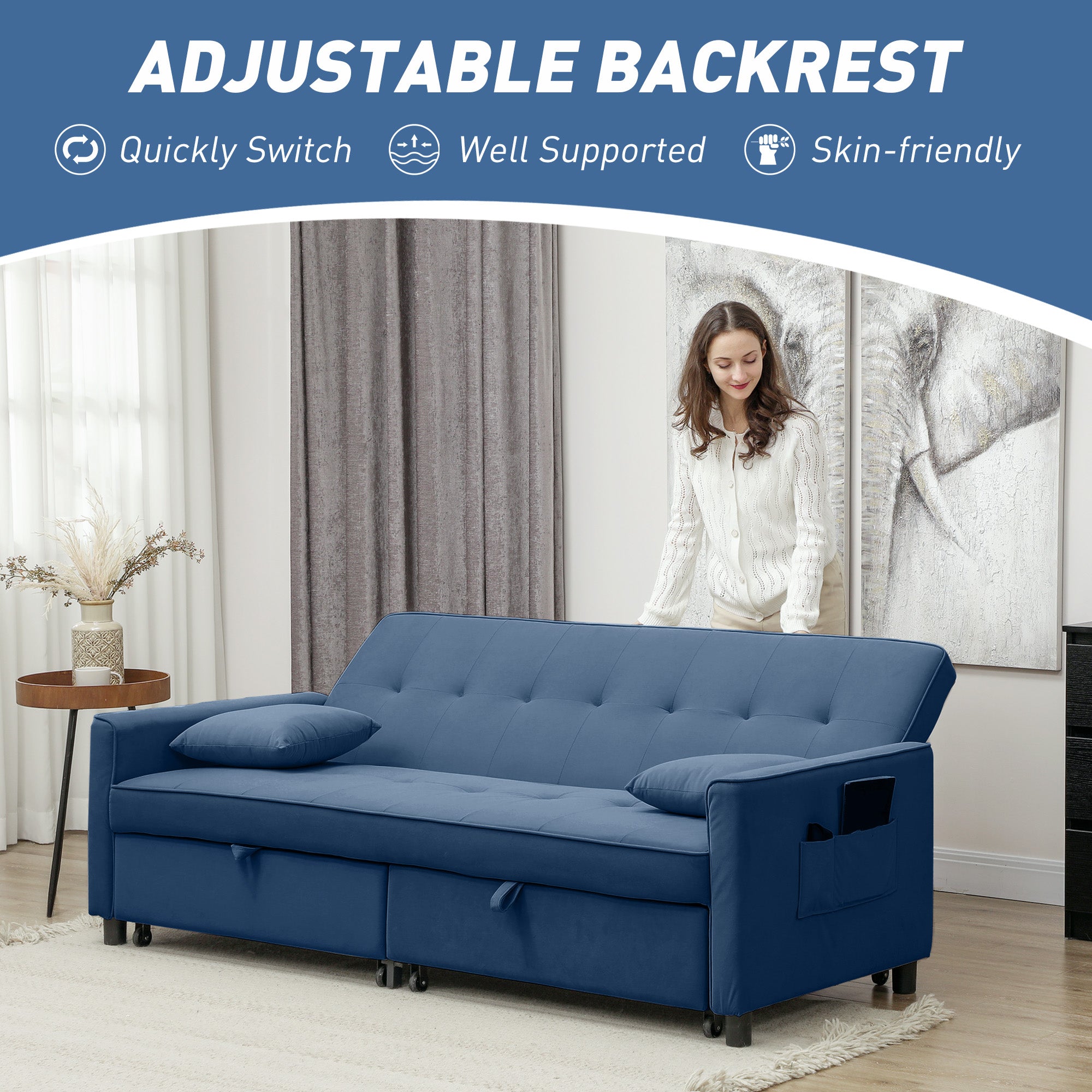 Three-Person Velvet-Feel Sofa Bed with Cushions and Adjustable Backrest - Blue