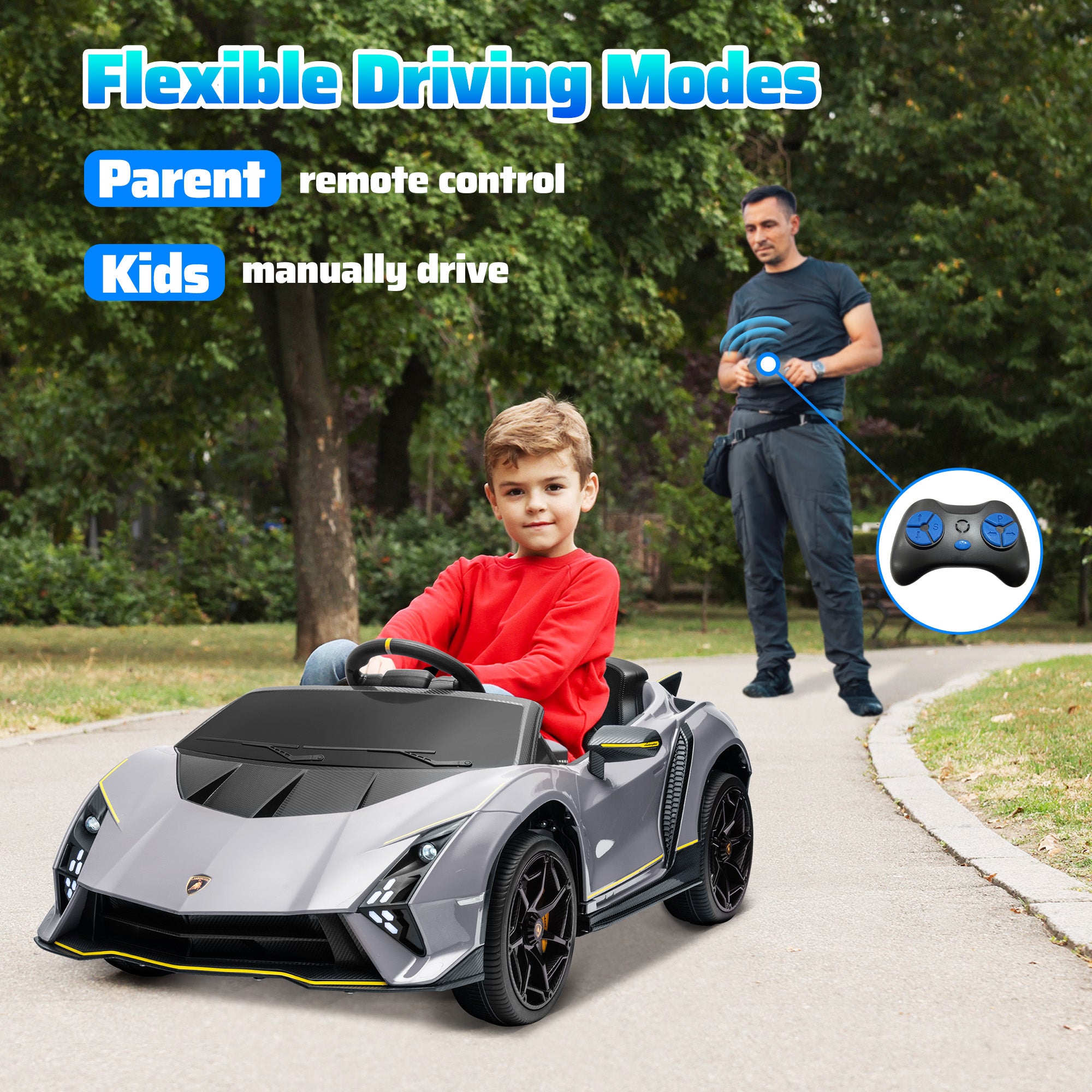12V Lamborghini Autentica Licensed Kids Electric Car with Remote Control, Four Suspension Wheels, Soft Start, Grey