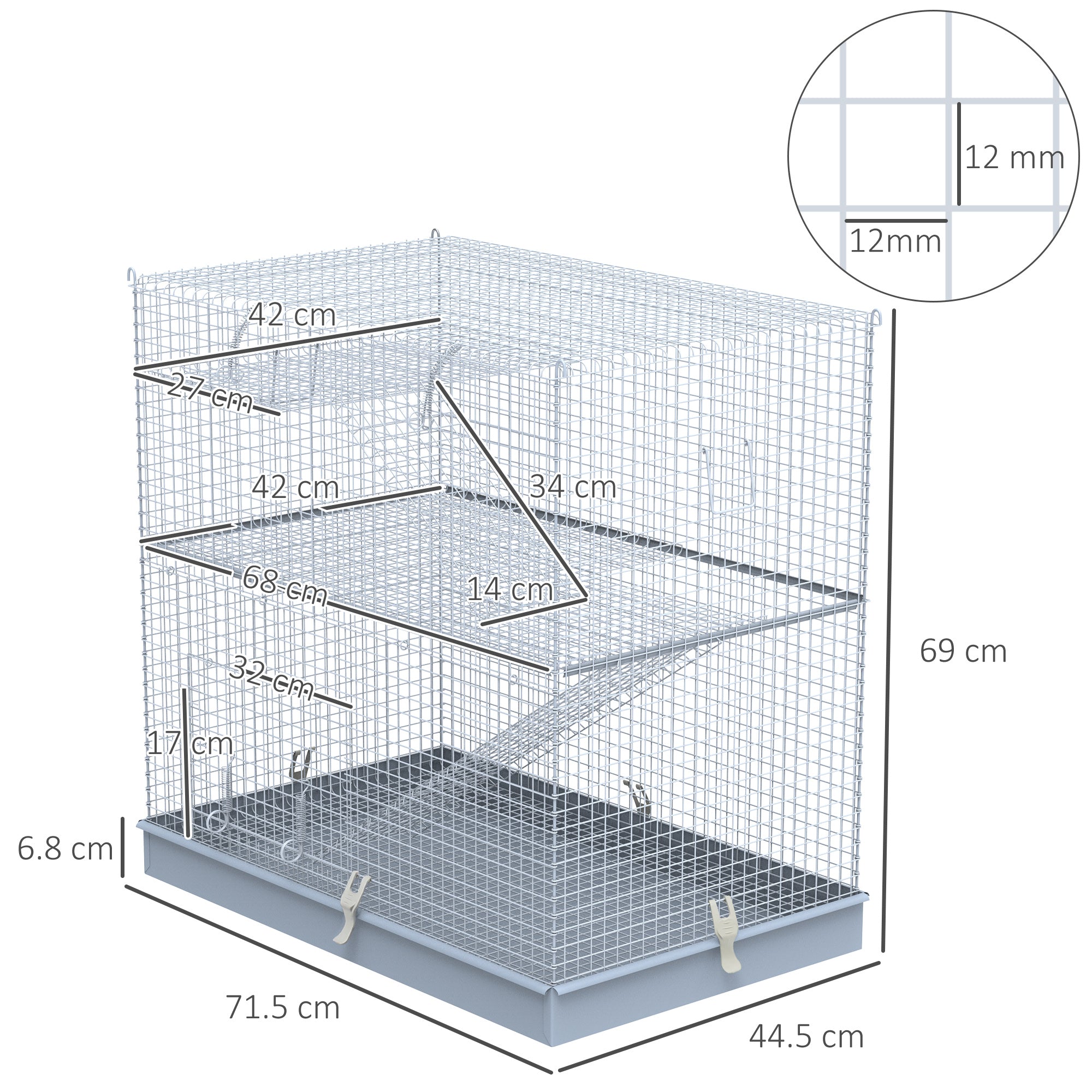 3-Level Metal Hamster Cage Platform Feeding Habitat Easy Clip Base Ladder, Grey