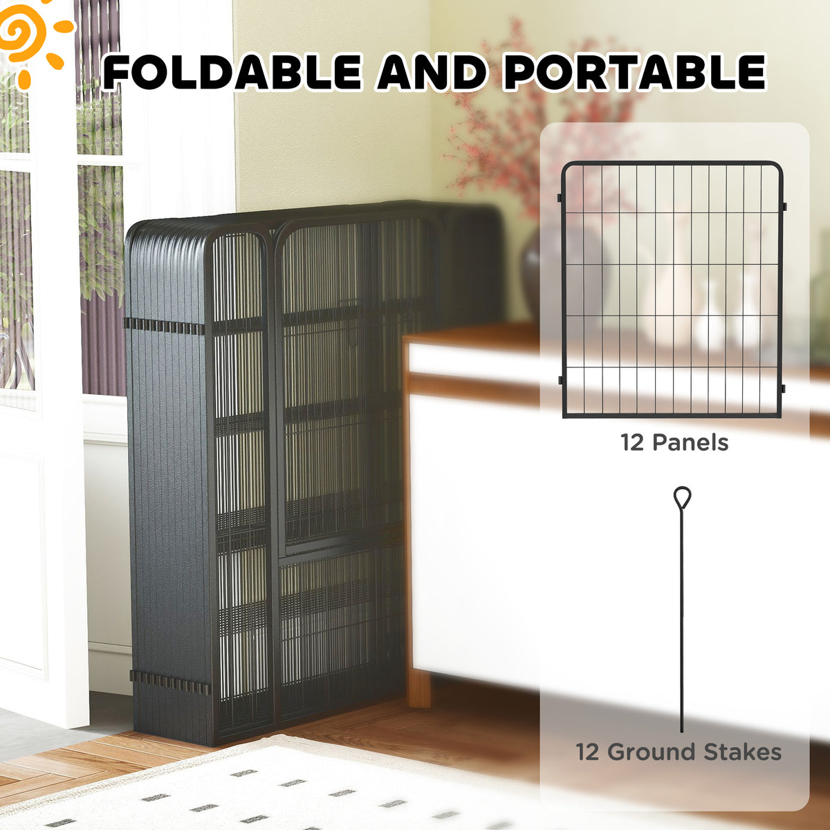 Heavy Duty 12-Panel Dog Playpen with Doors for Medium Dogs, 80cm High - Black