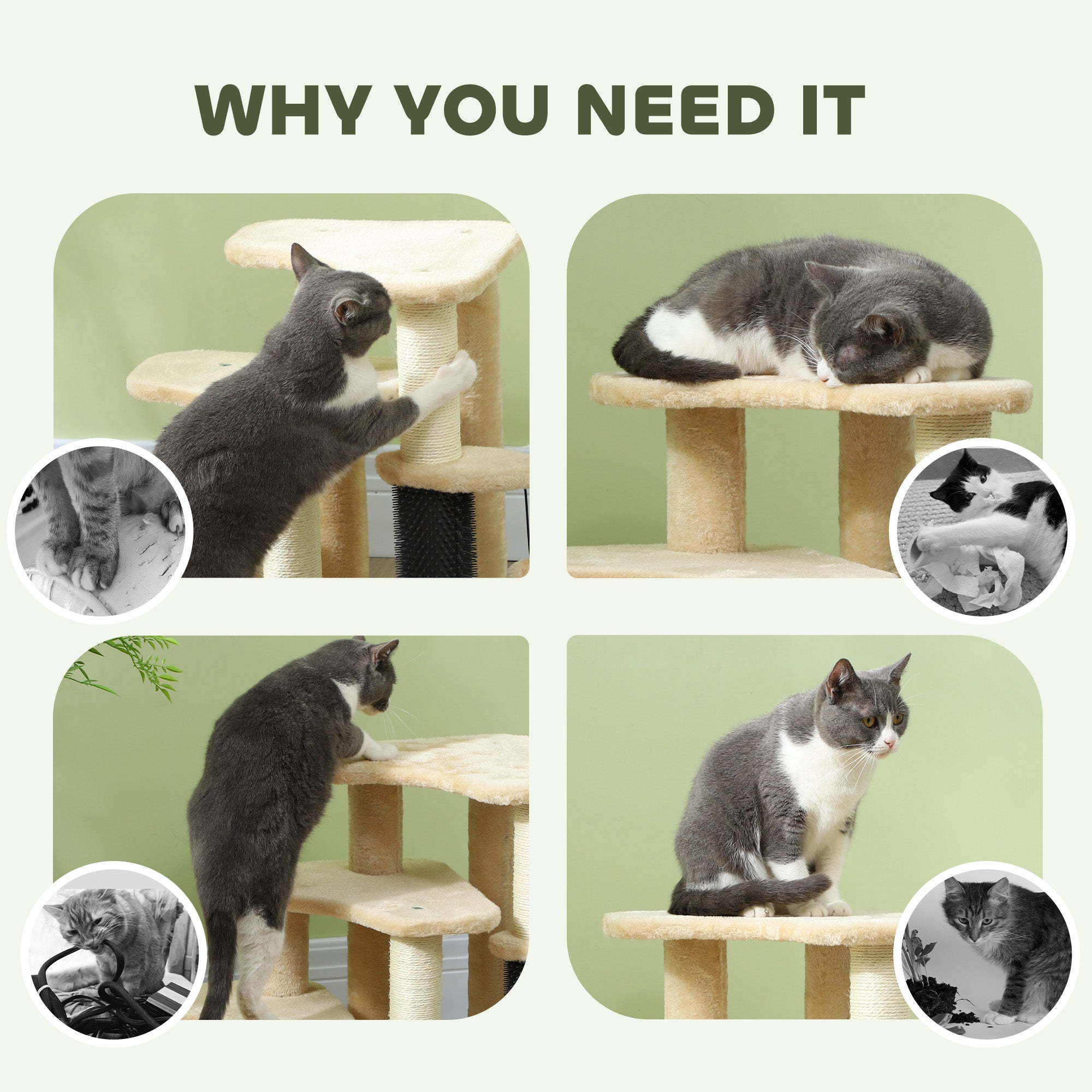 2-in-1 Cat Tree, Pet Stairs with Scratching Tickling Post, Toy Balls, for Bed, Sofa, Couch, Beige