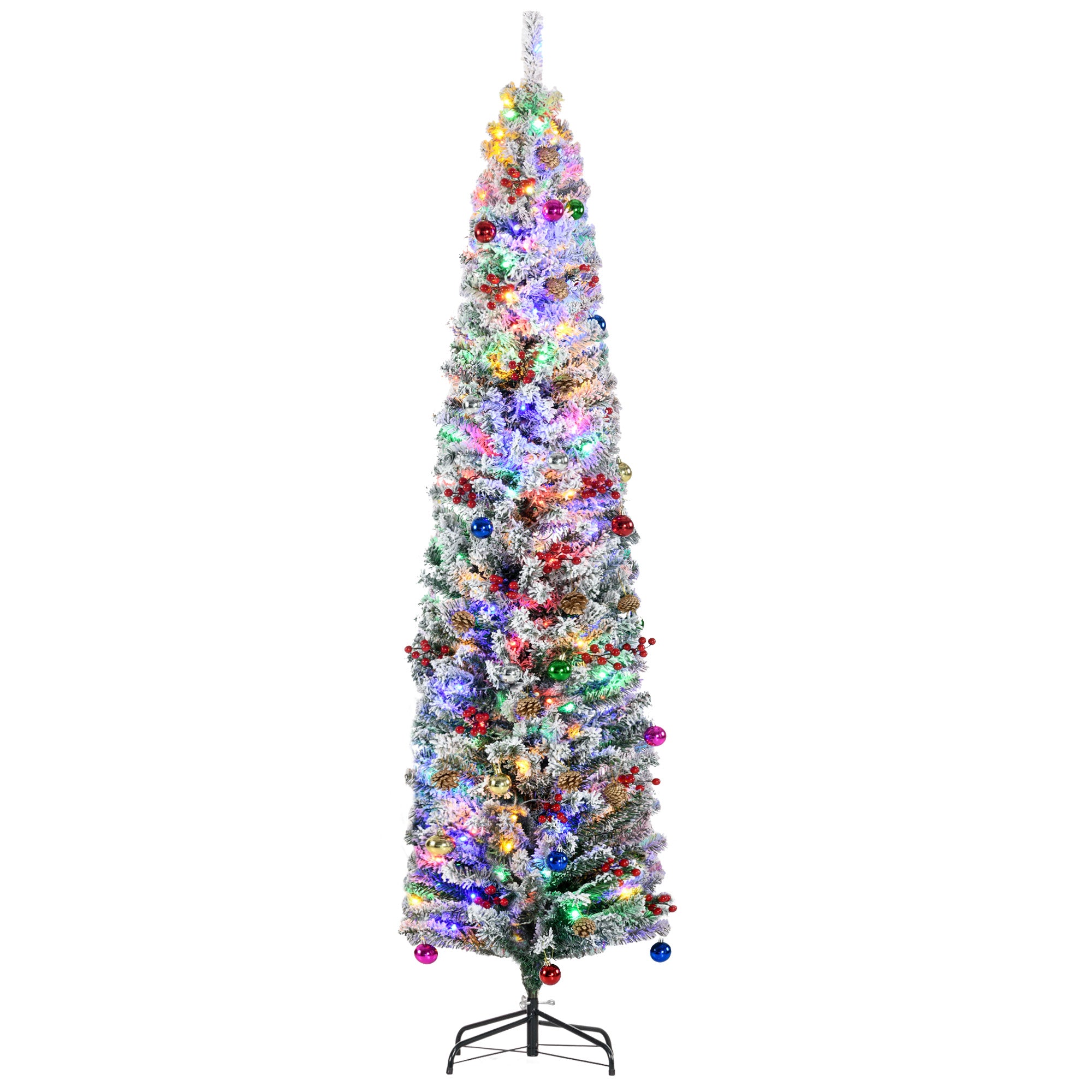 7' Artificial Prelit Christmas Trees Holiday Décor with Colourful LED Lights, Flocked Tips, Berry, Pine Cone