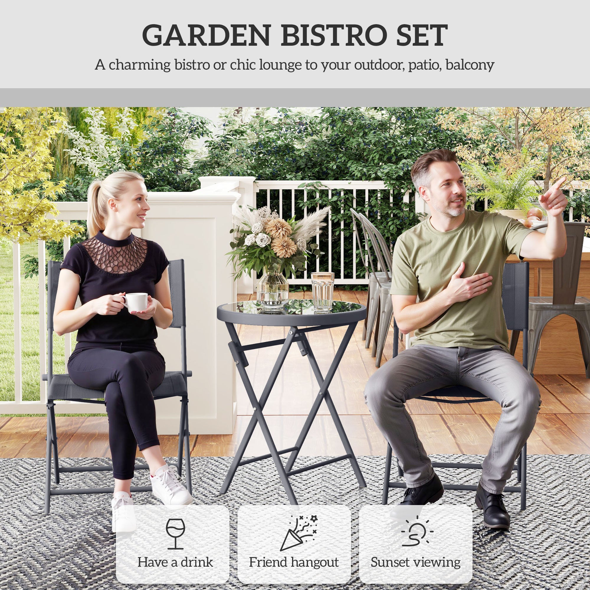 3 Pieces Outdoor Bistro Set, Glass Top Outdoor Table and 2 Folding Chairs with Protecting Feet, Grey